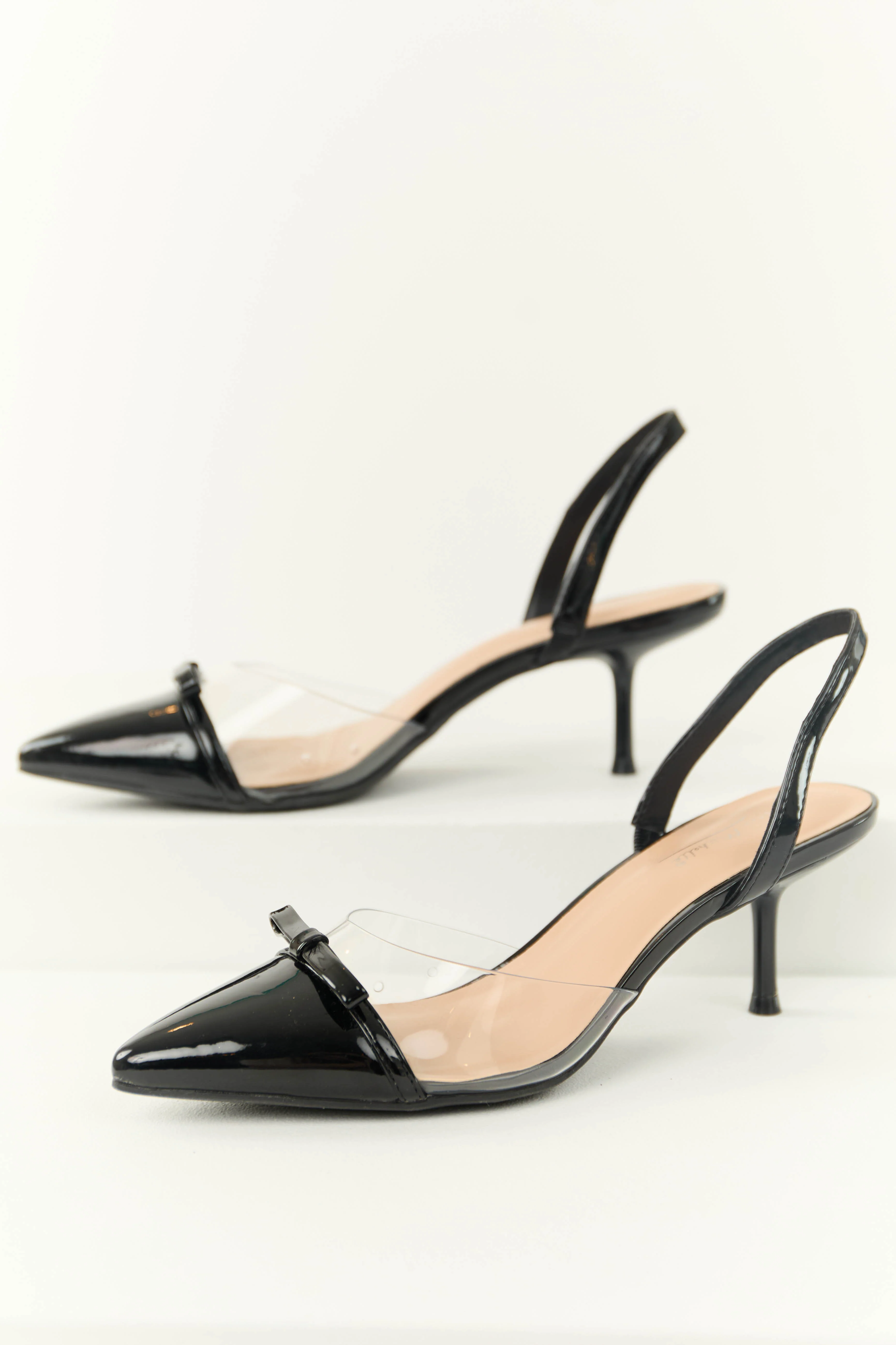 Shiny Black Pointed Toe Slingback Heels with Bow - Image 2