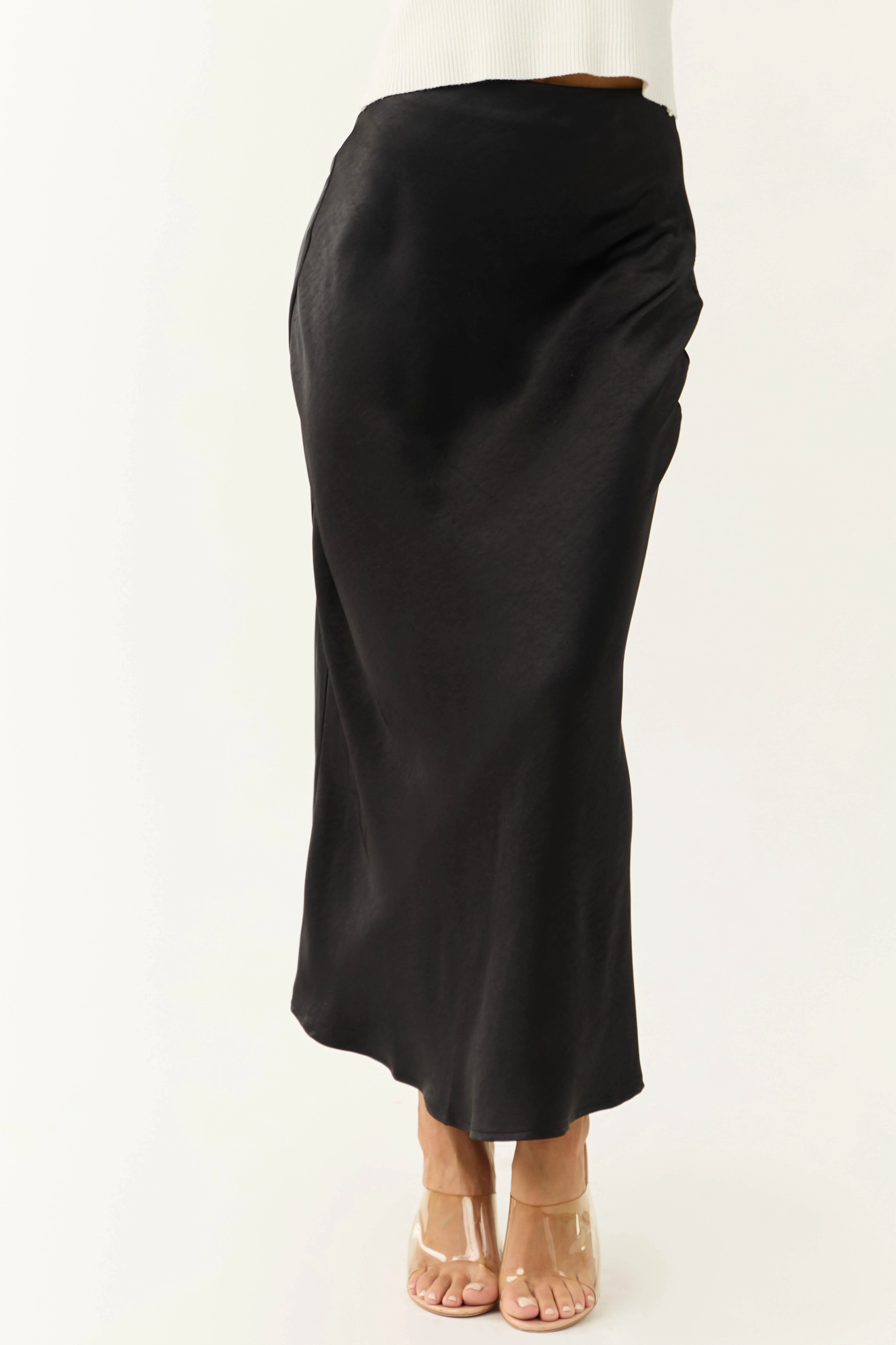 Shiny Black Satin Maxi Skirt - Image 2