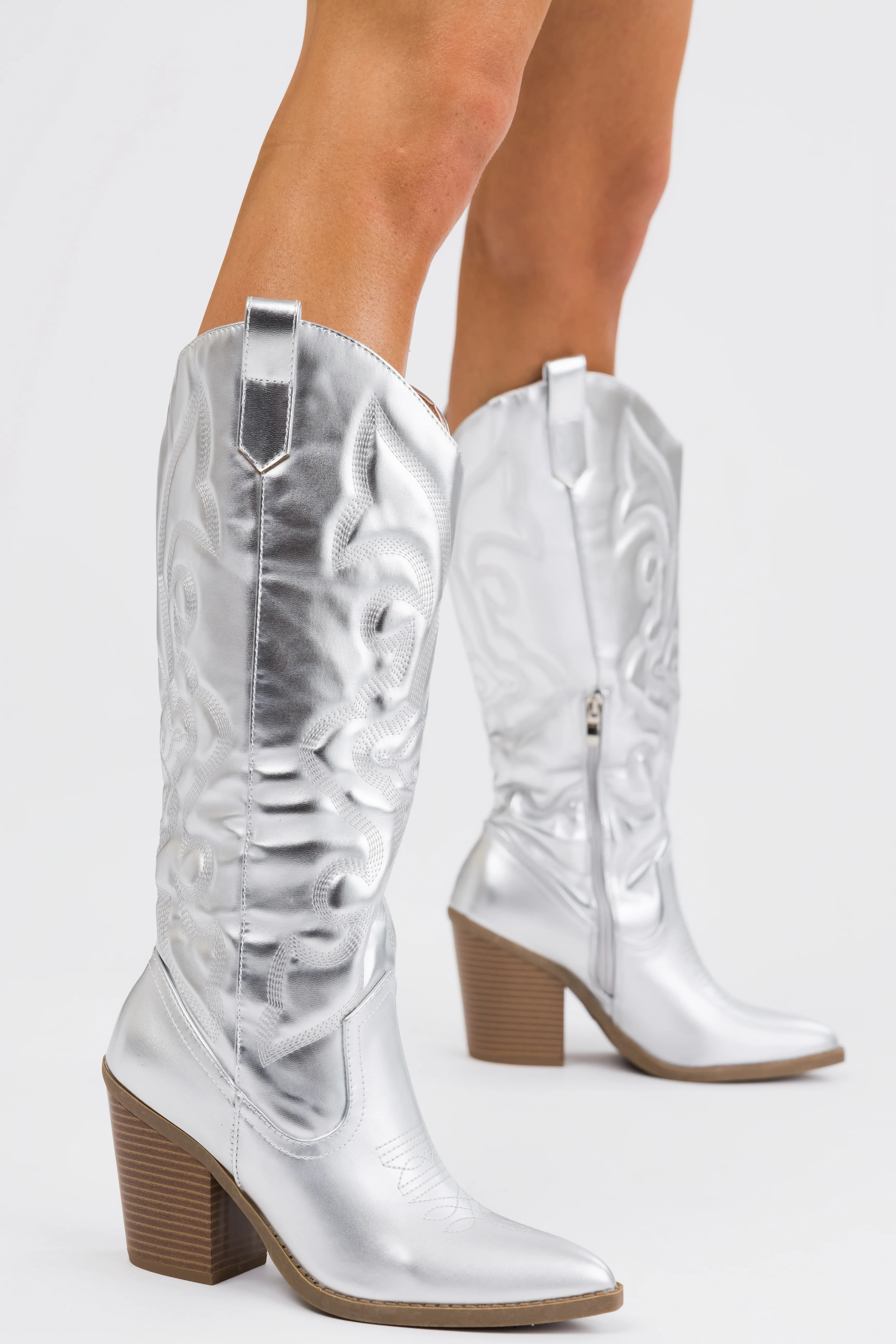 Silver Faux Leather Metallic Western Boots - Image 10