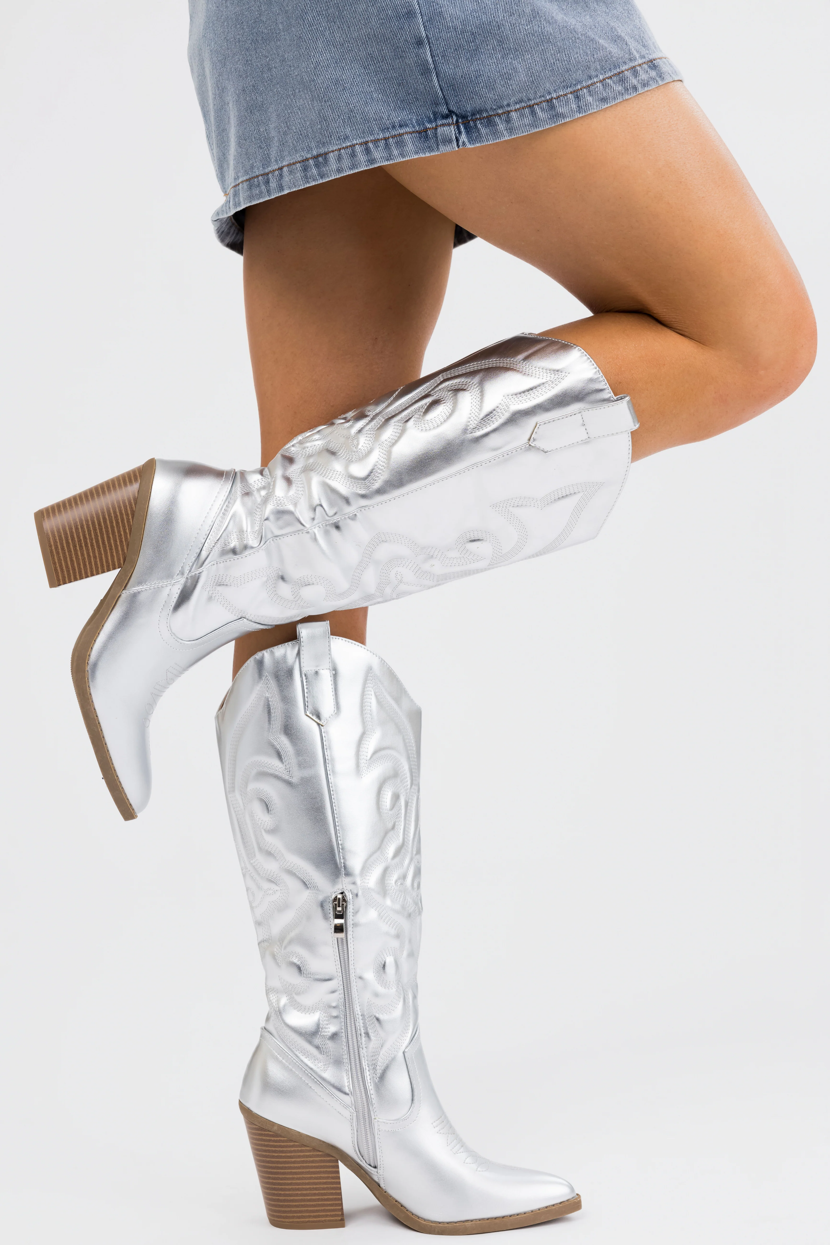 Silver Faux Leather Metallic Western Boots - Image 11
