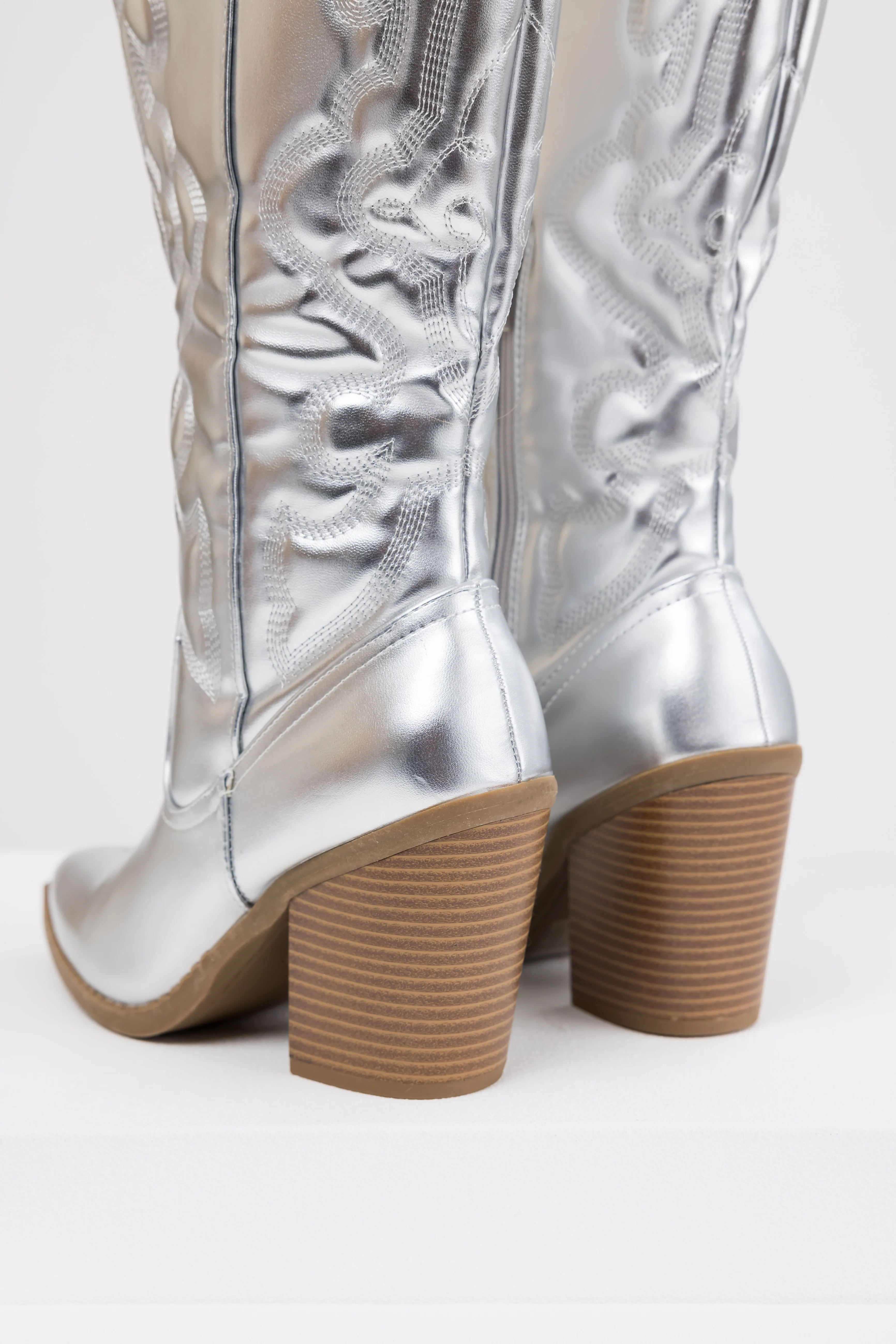 Silver Faux Leather Metallic Western Boots - Image 4