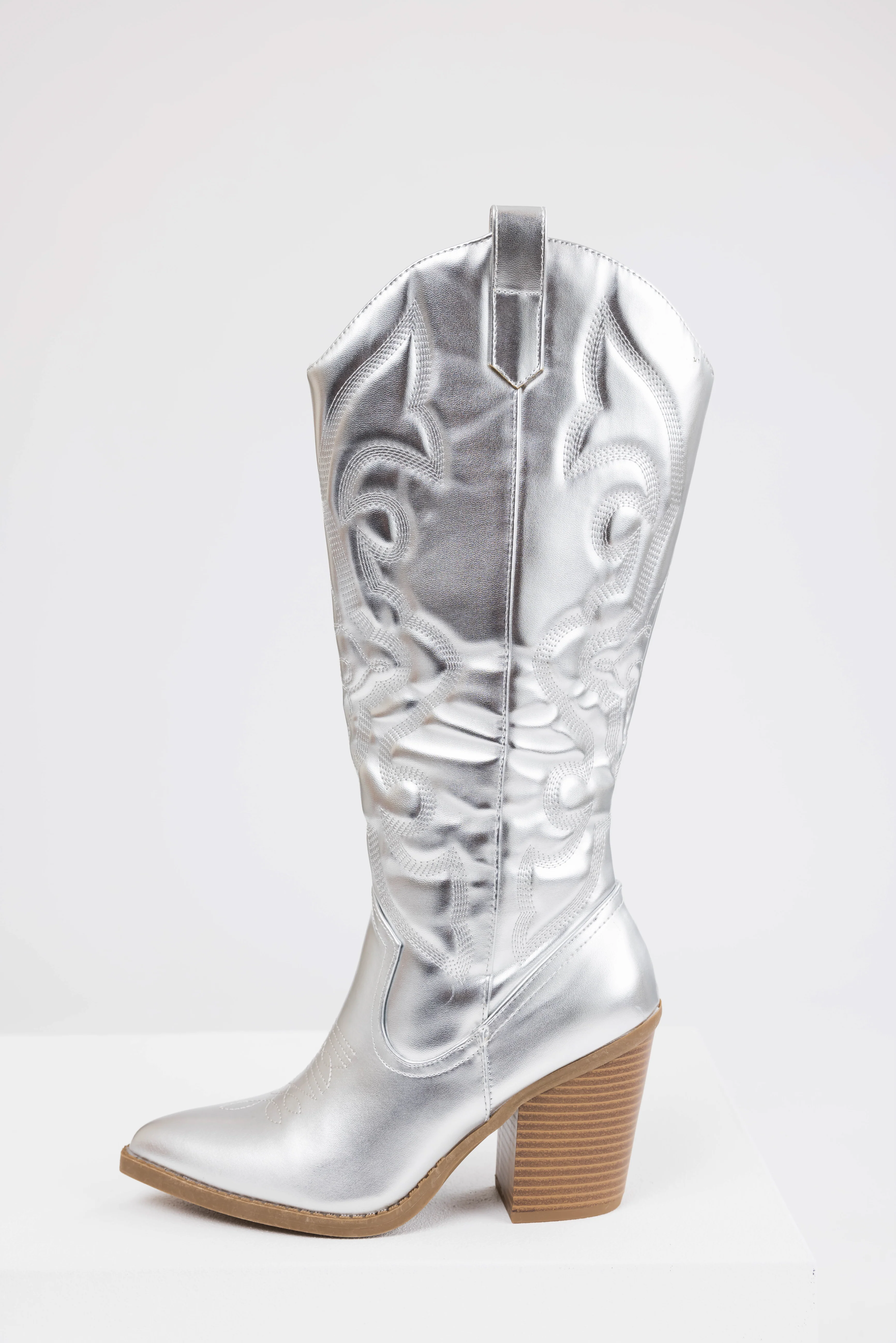 Silver Faux Leather Metallic Western Boots - Image 5