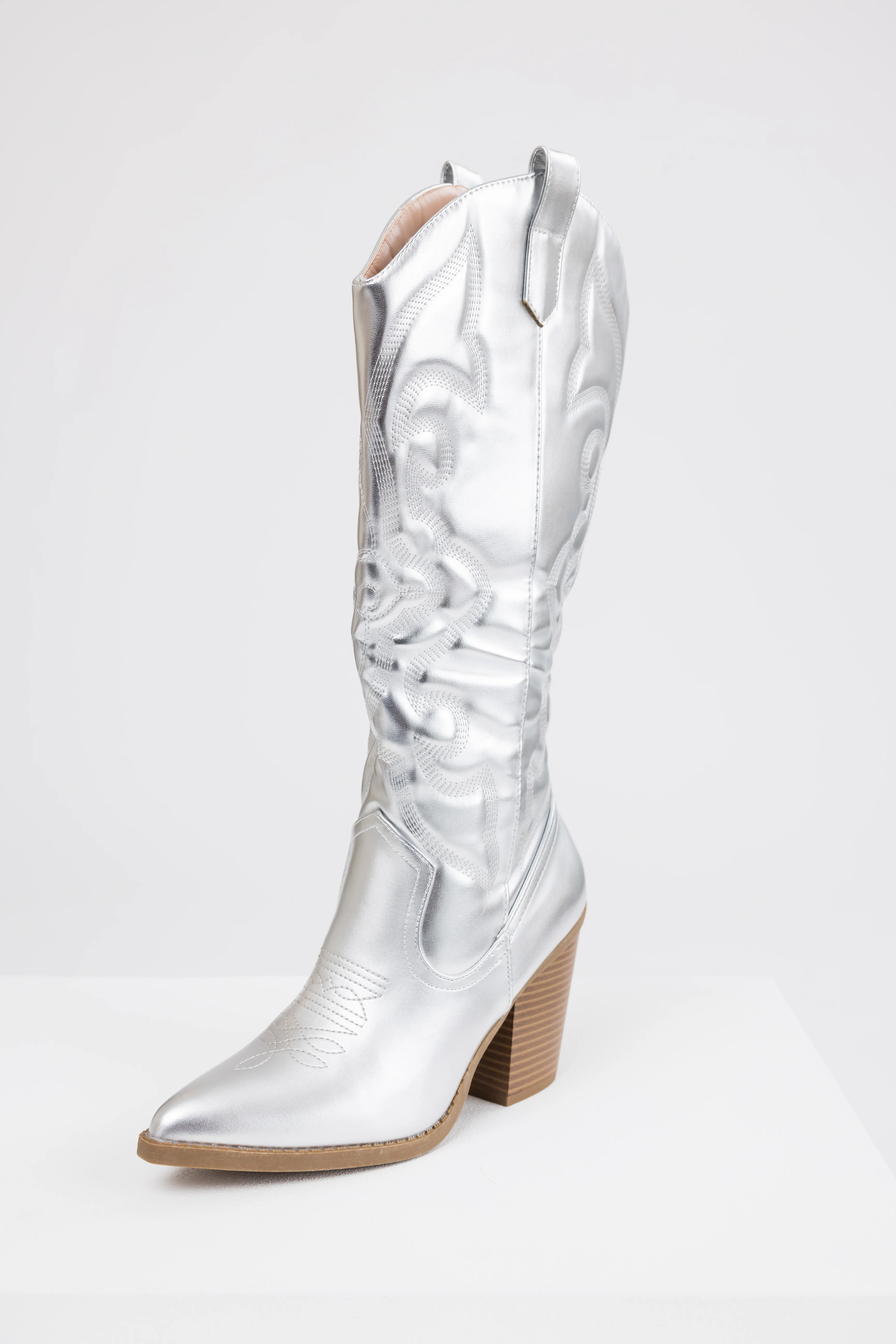 Silver Faux Leather Metallic Western Boots - Image 6