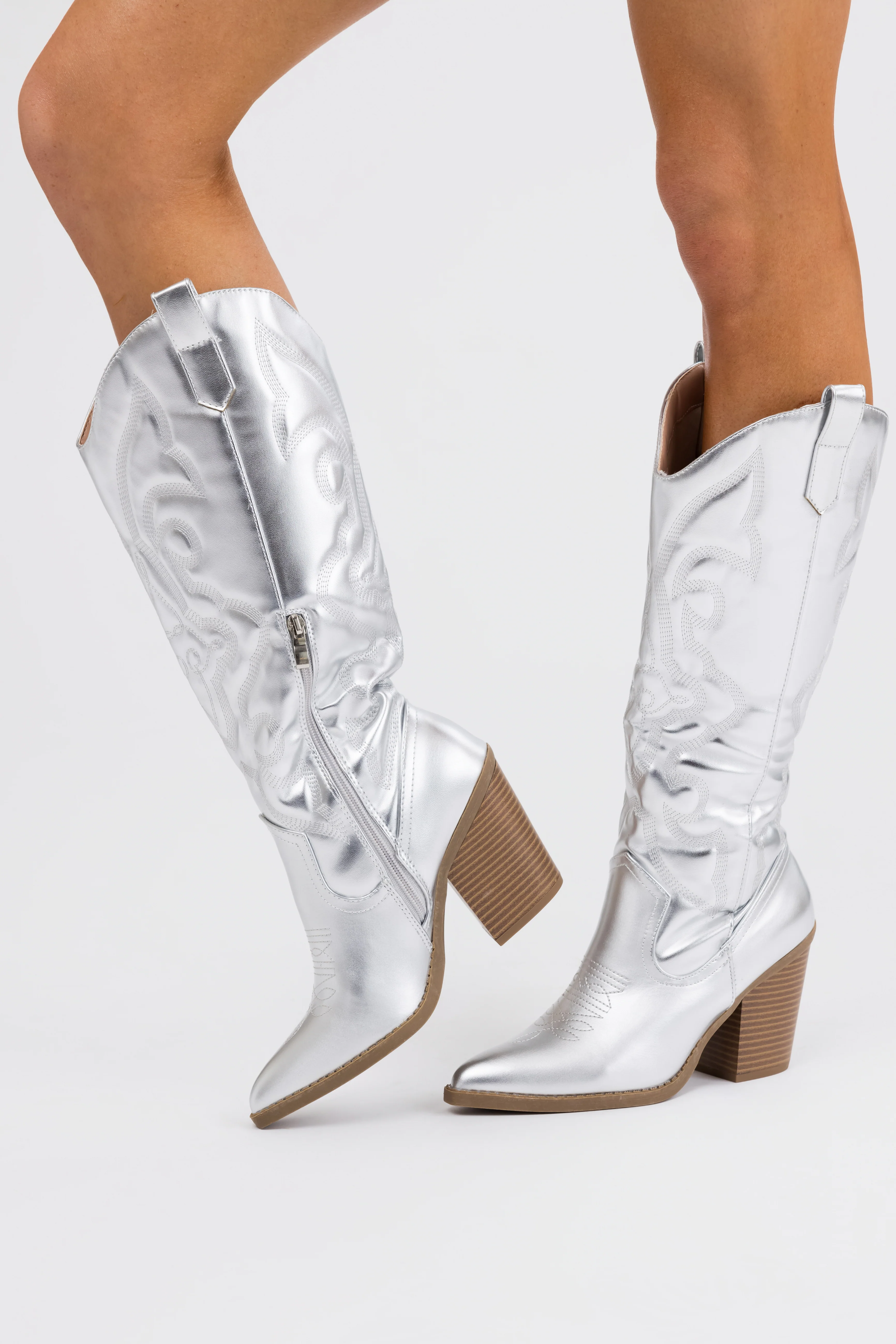 Silver Faux Leather Metallic Western Boots - Image 9
