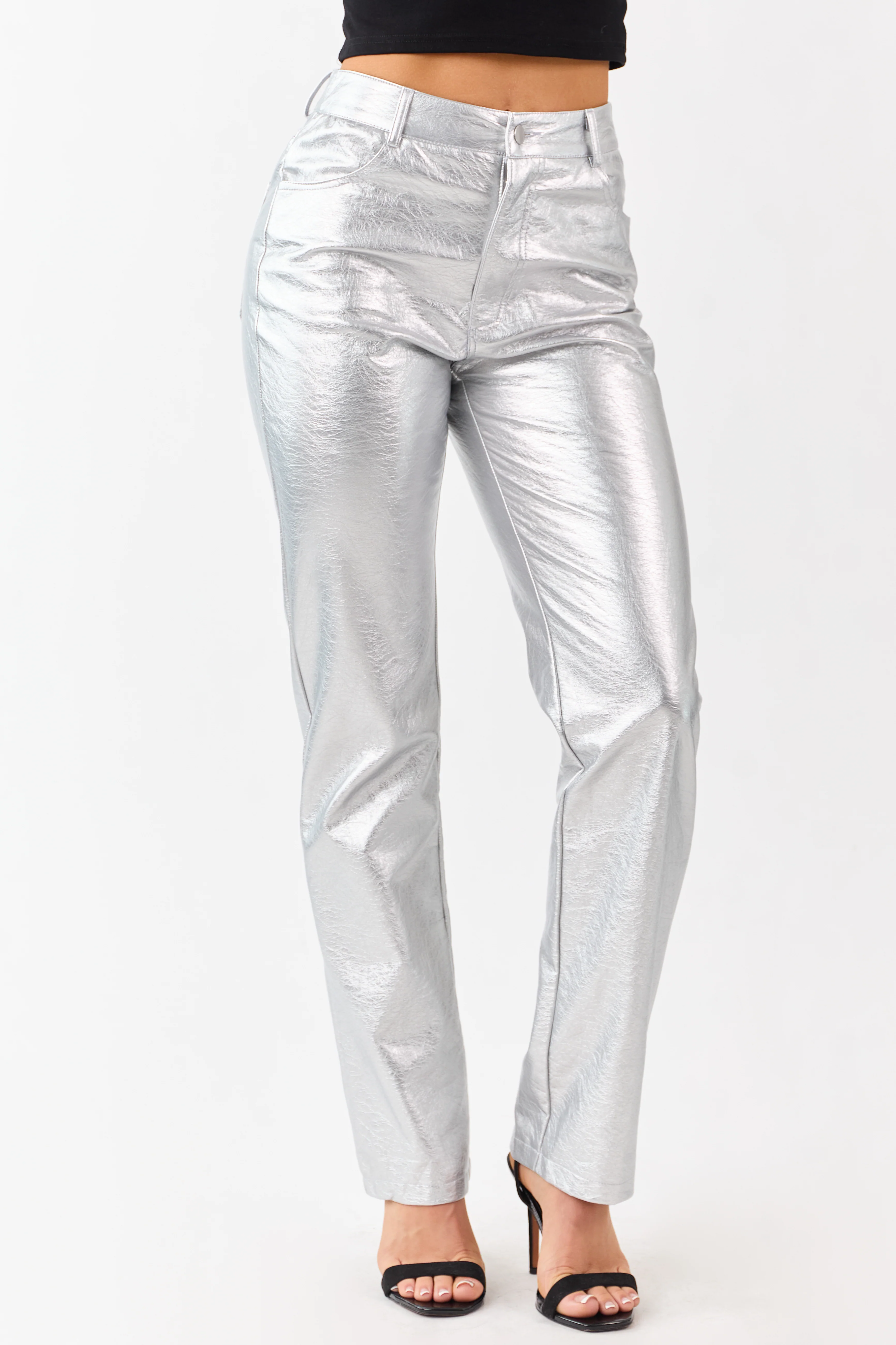 Silver Metallic Faux Leather Straight Leg Pants - Image 3