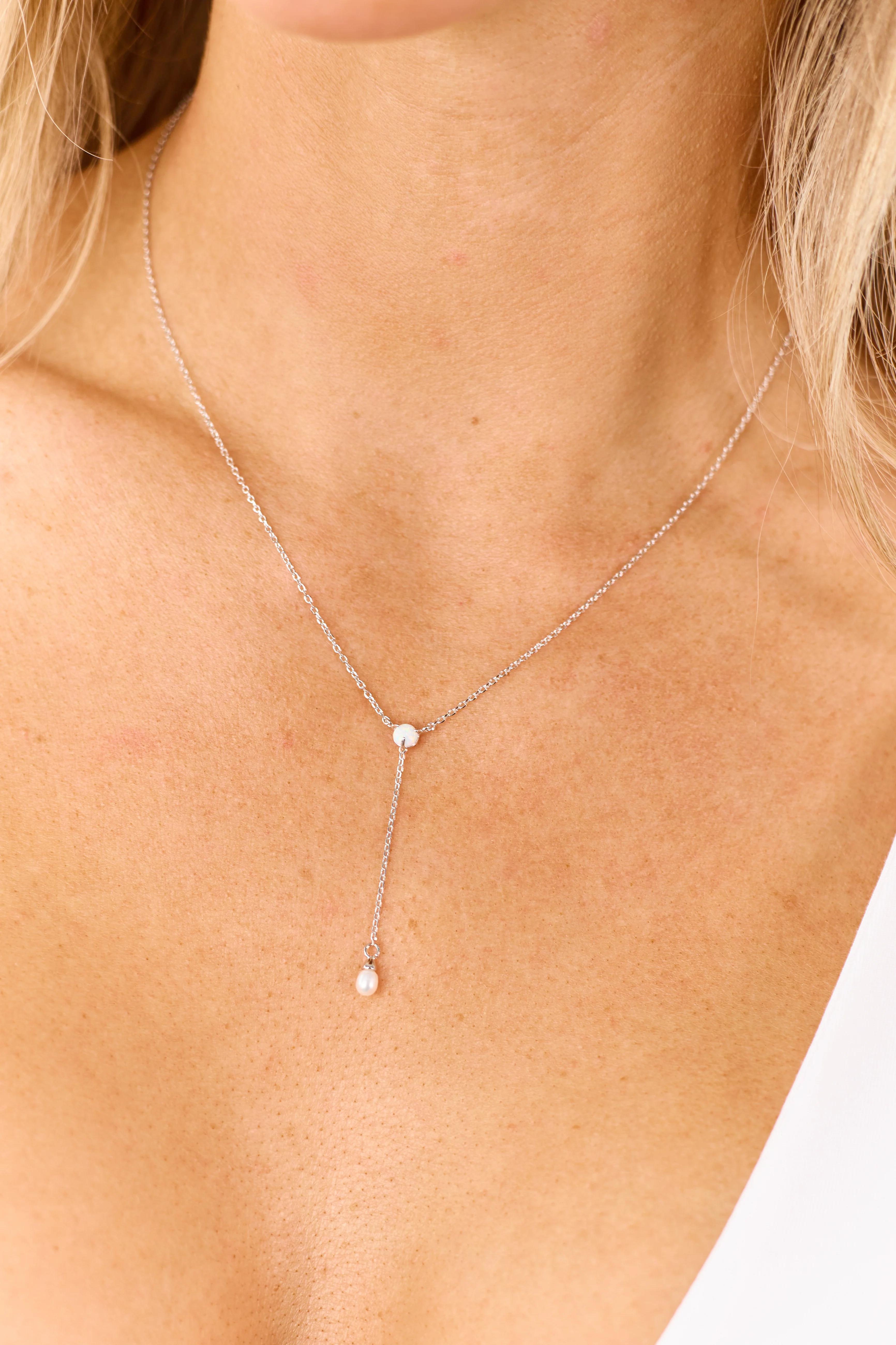 Silver Opal and Pearl Charm Lariat Necklace - Image 2