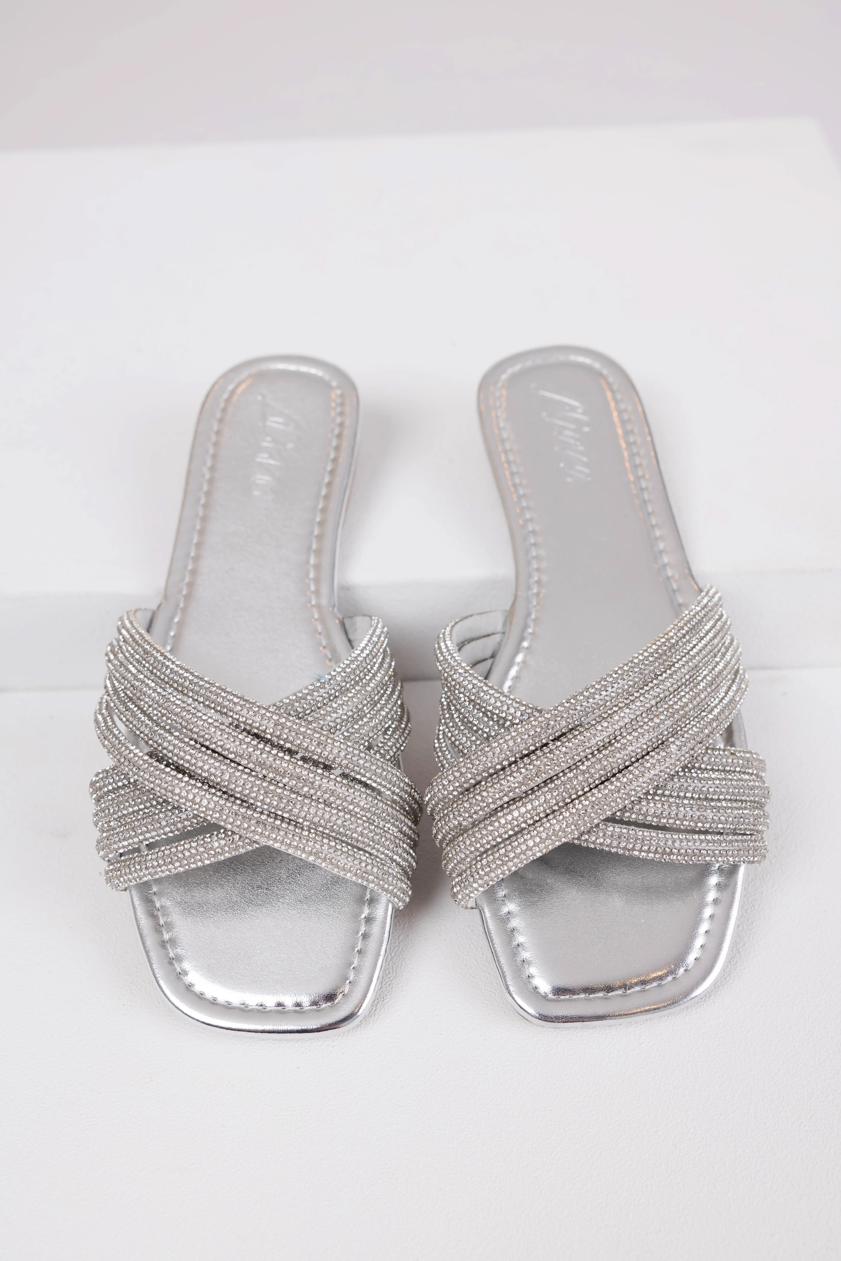 Silver Rhinestone Cross Strap Slide Sandals - Image 2