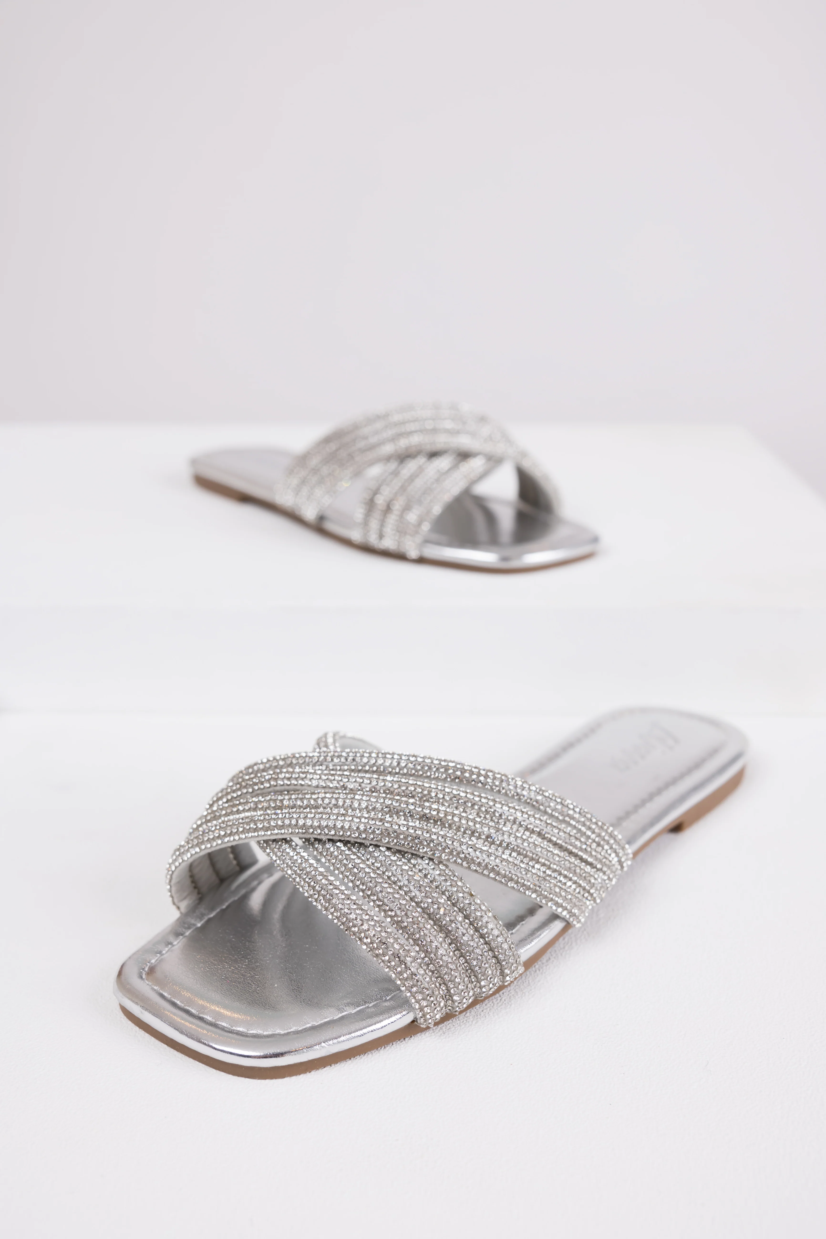 Silver Rhinestone Cross Strap Slide Sandals - Image 3