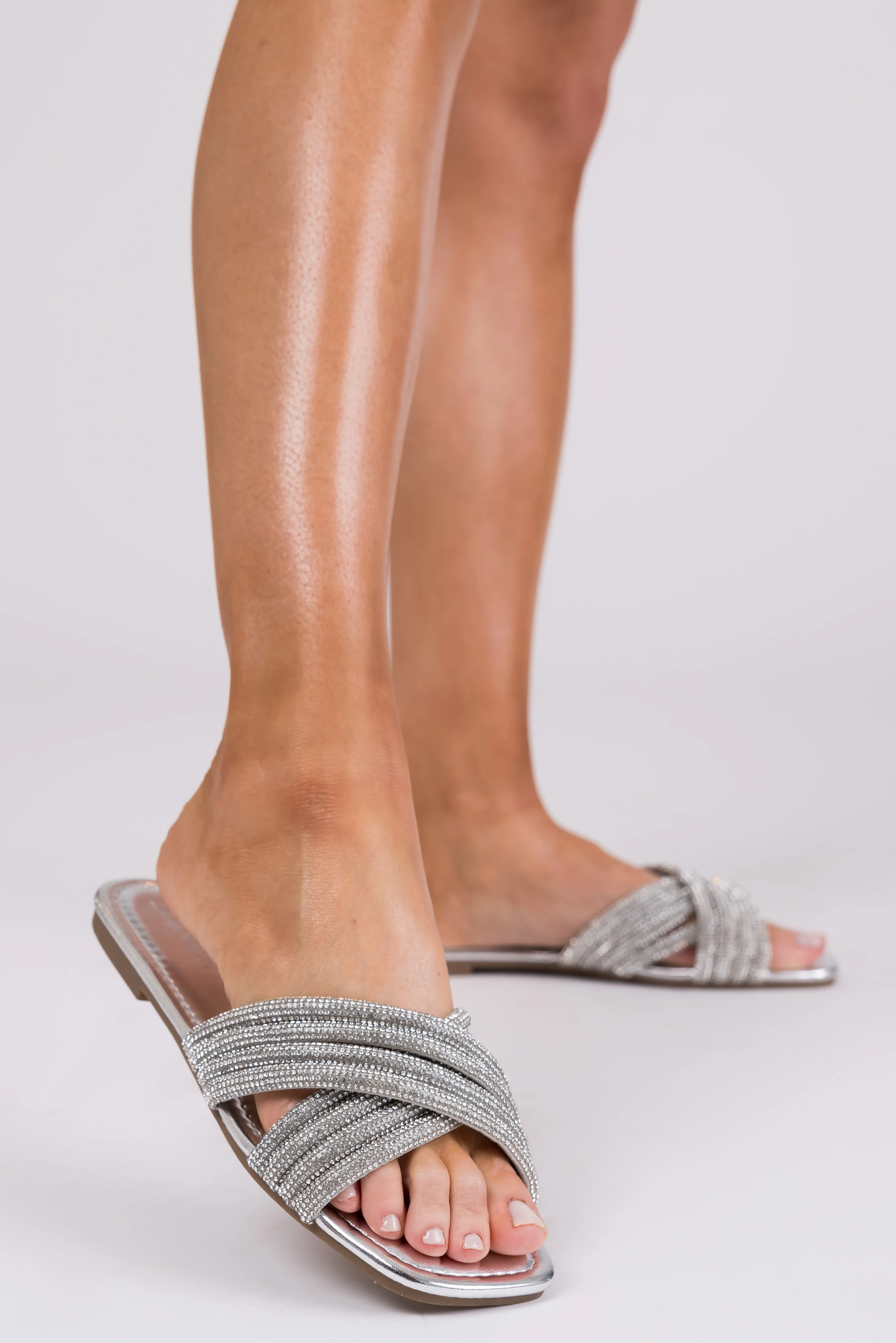 Silver Rhinestone Cross Strap Slide Sandals - Image 5