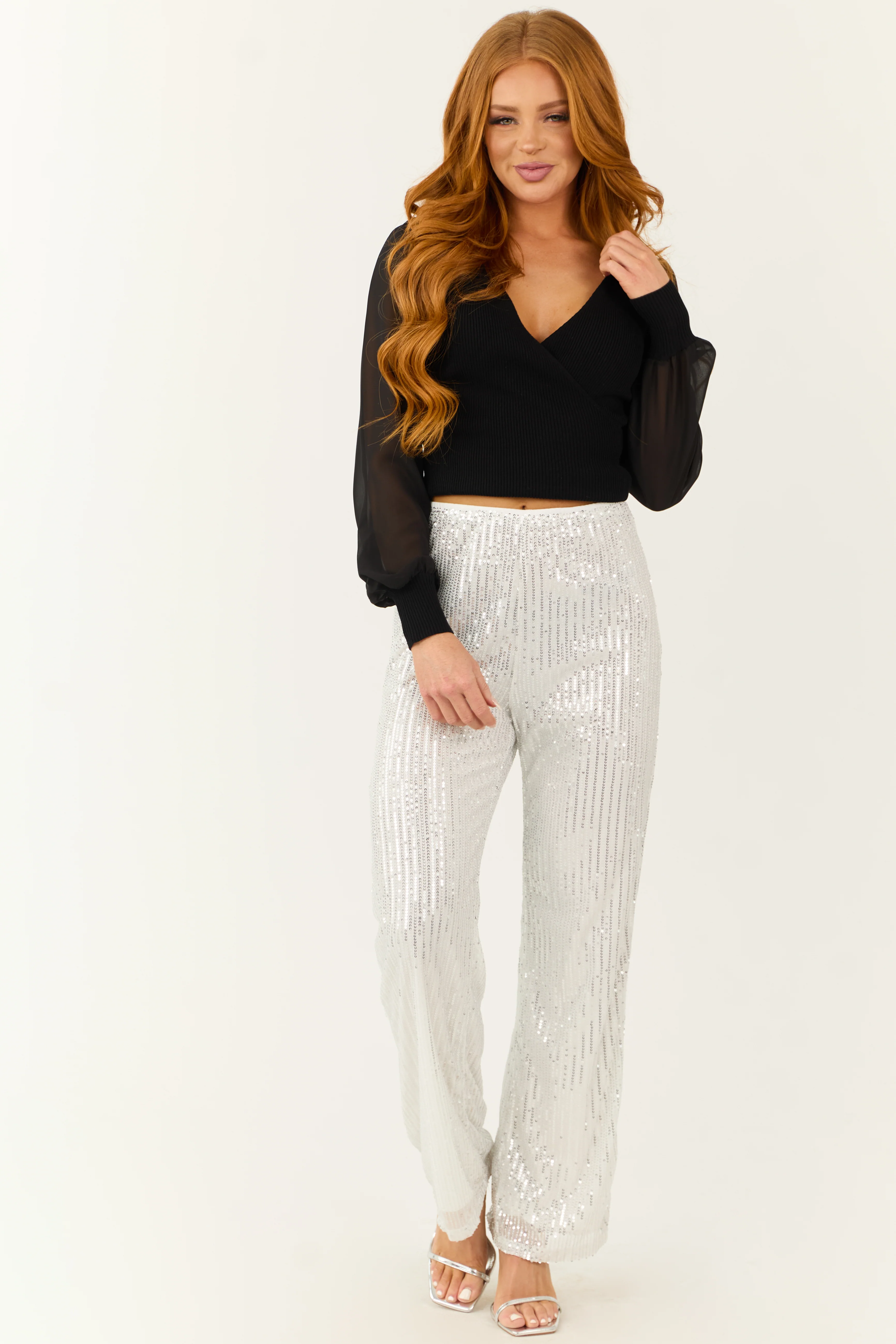Silver Sequined High Waist Wide Leg Pants - Image 5