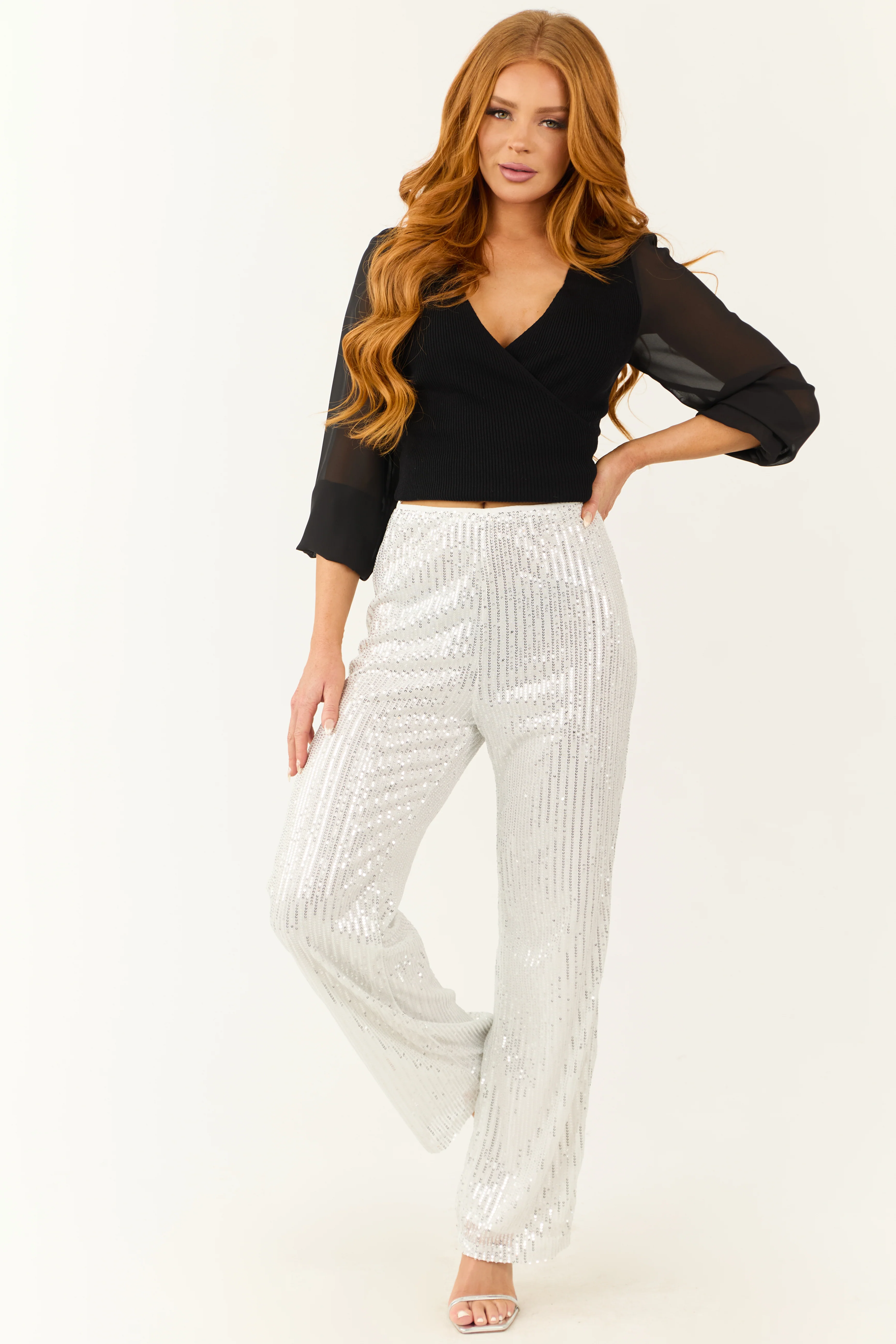 Silver Sequined High Waist Wide Leg Pants - Image 7