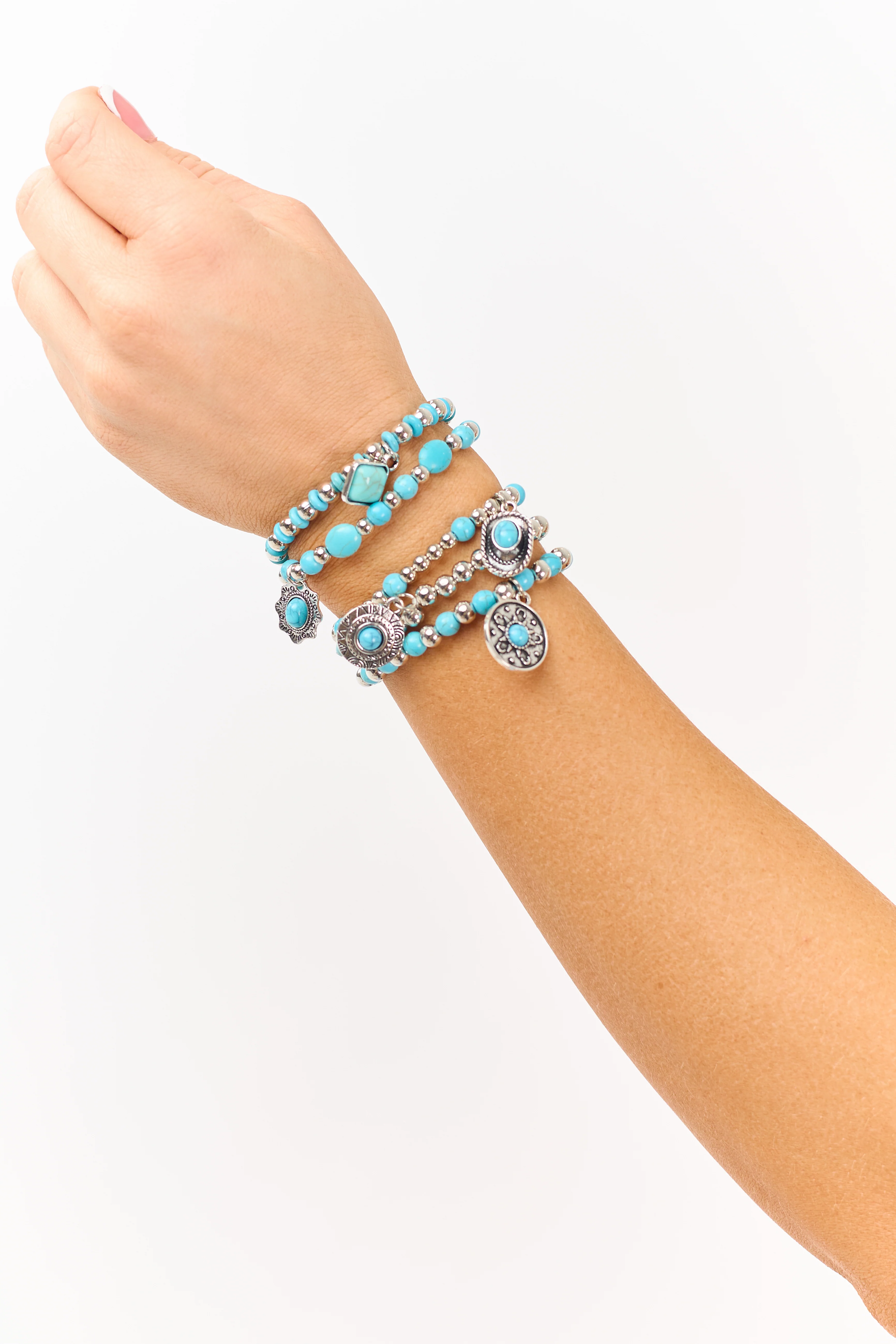 Silver and Turquoise Beaded Charm Bracelet Set - Image 2