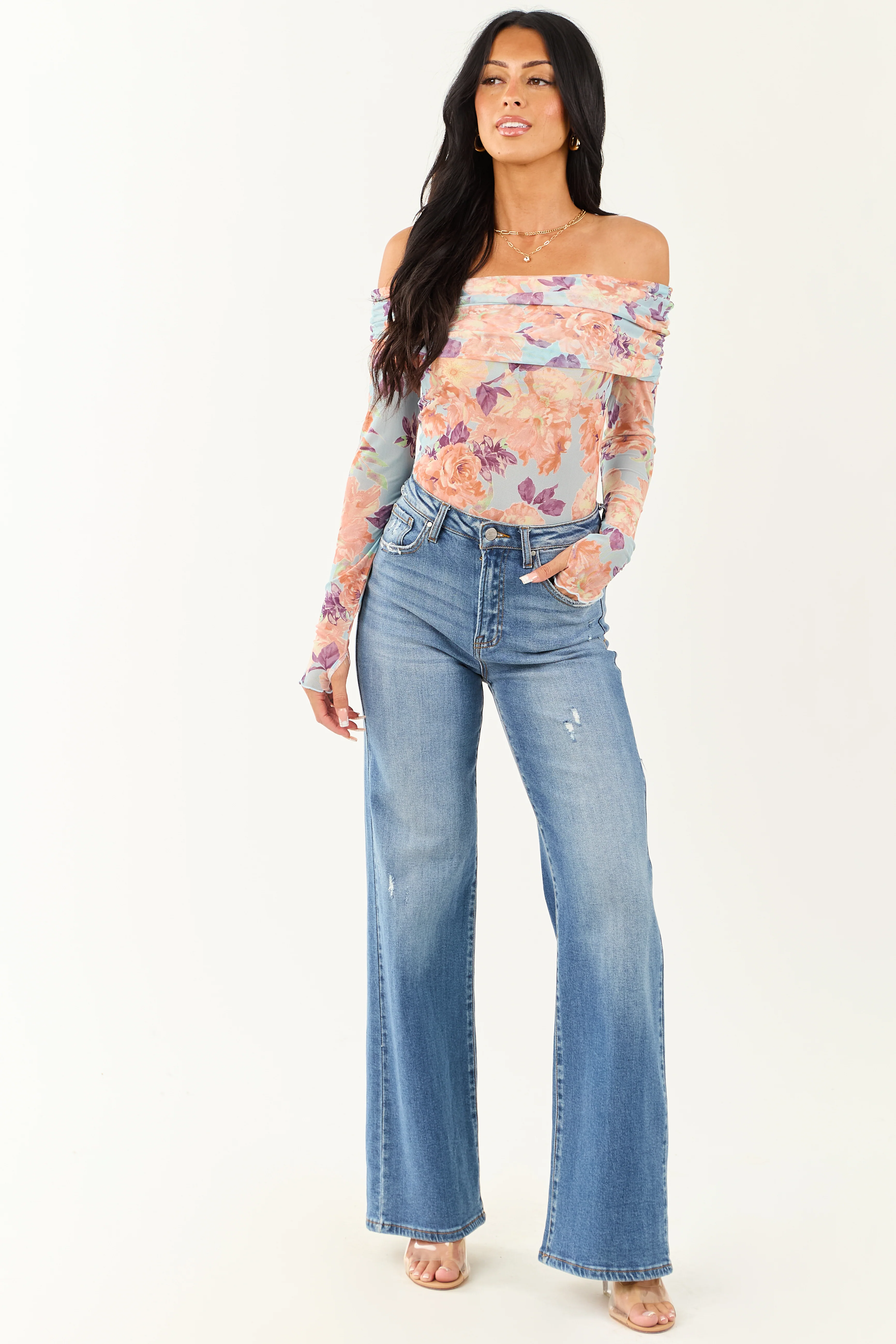 Sky Blue Floral Print Off the Shoulder Bodysuit - Image 3