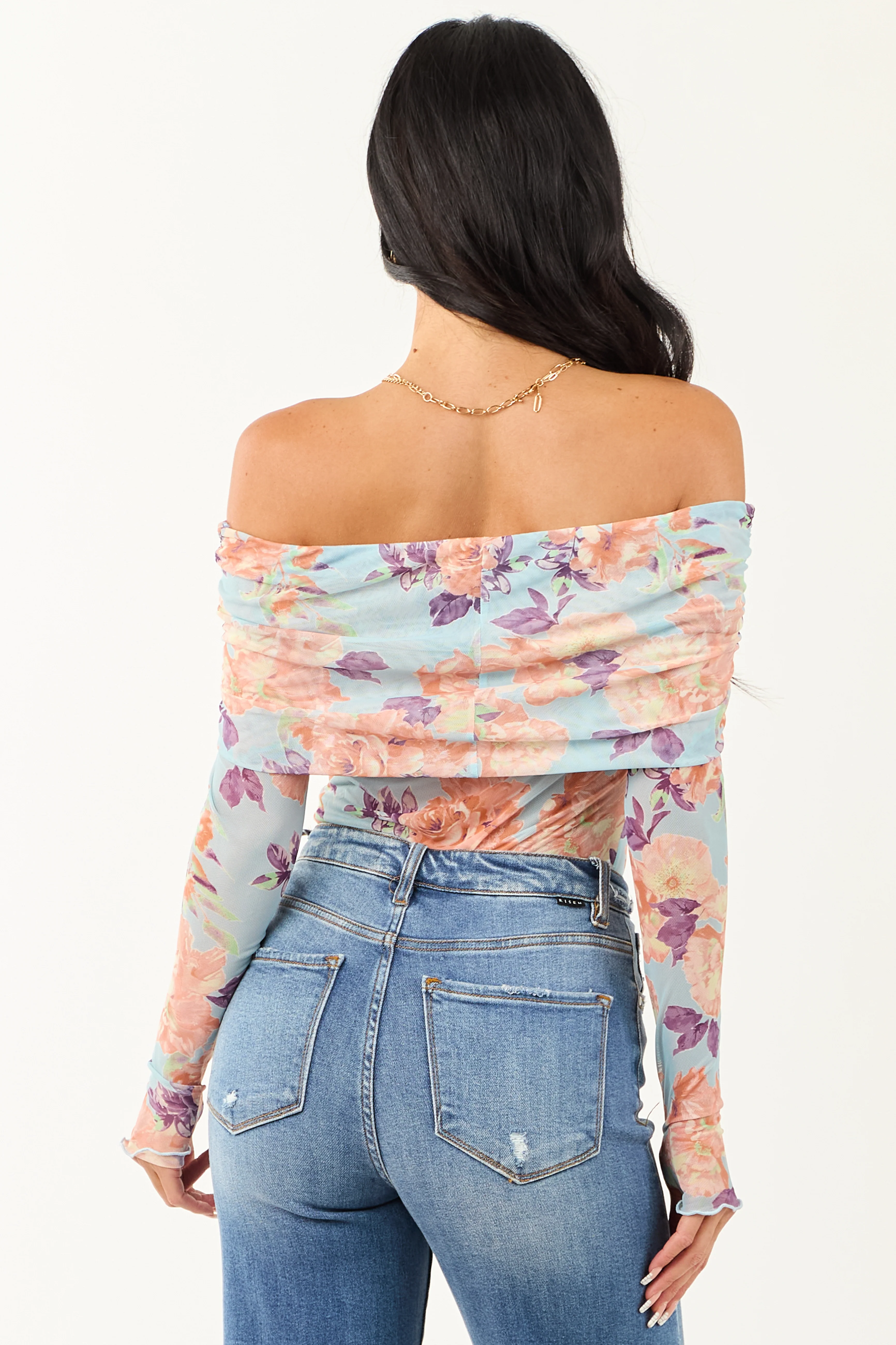 Sky Blue Floral Print Off the Shoulder Bodysuit - Image 5