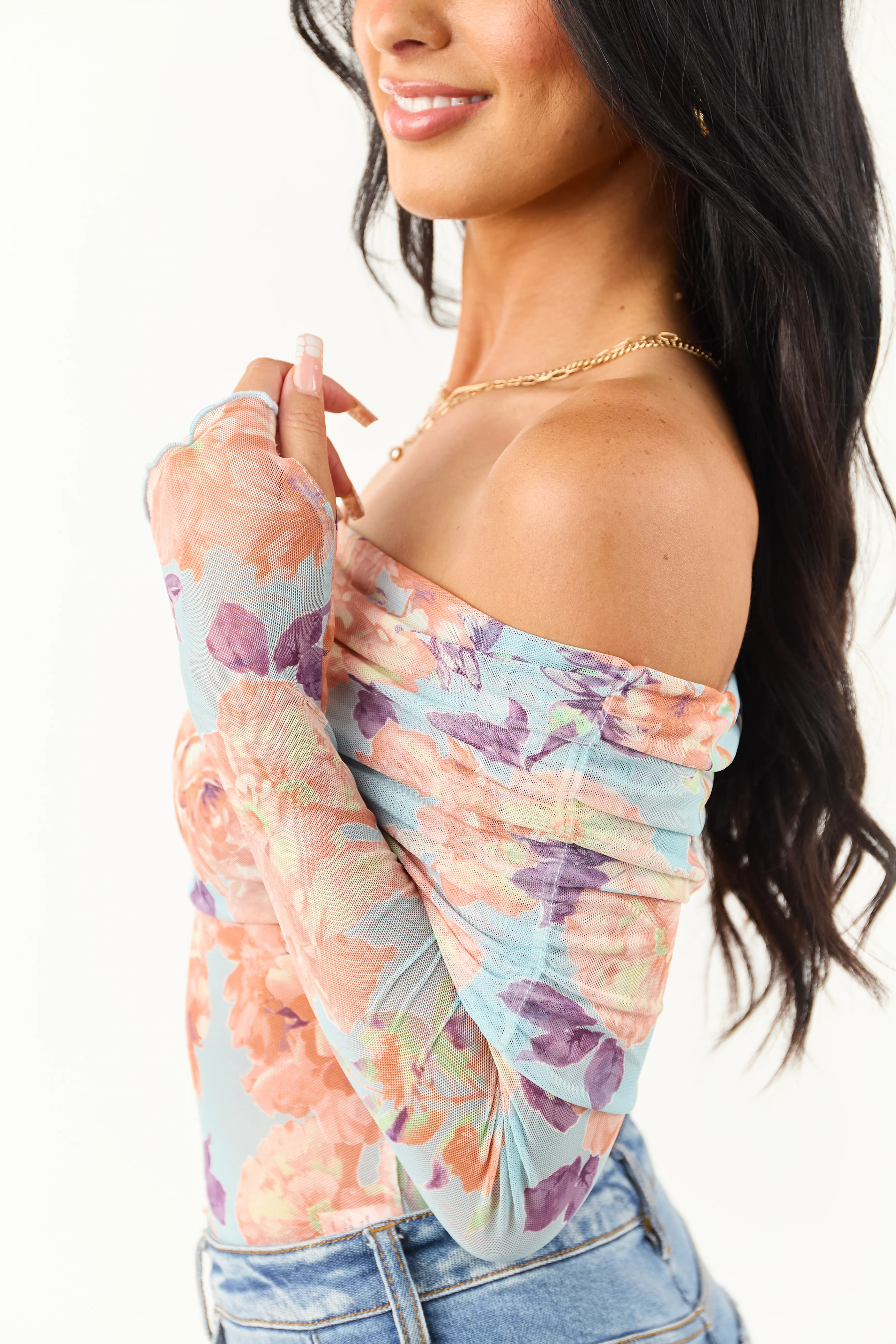 Sky Blue Floral Print Off the Shoulder Bodysuit - Image 6