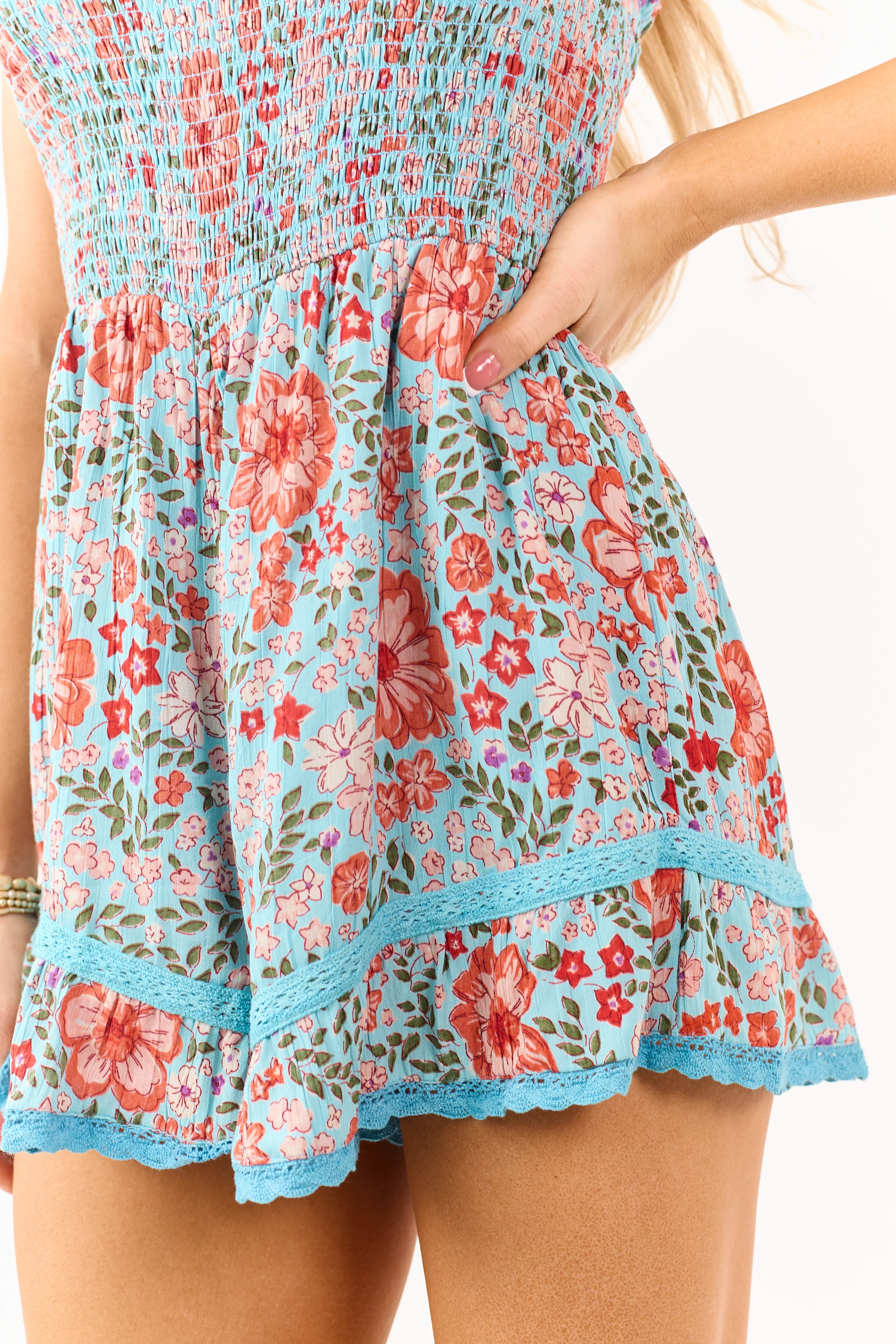 Sky Blue Floral Smocked Bodice Strapless Romper - Image 8
