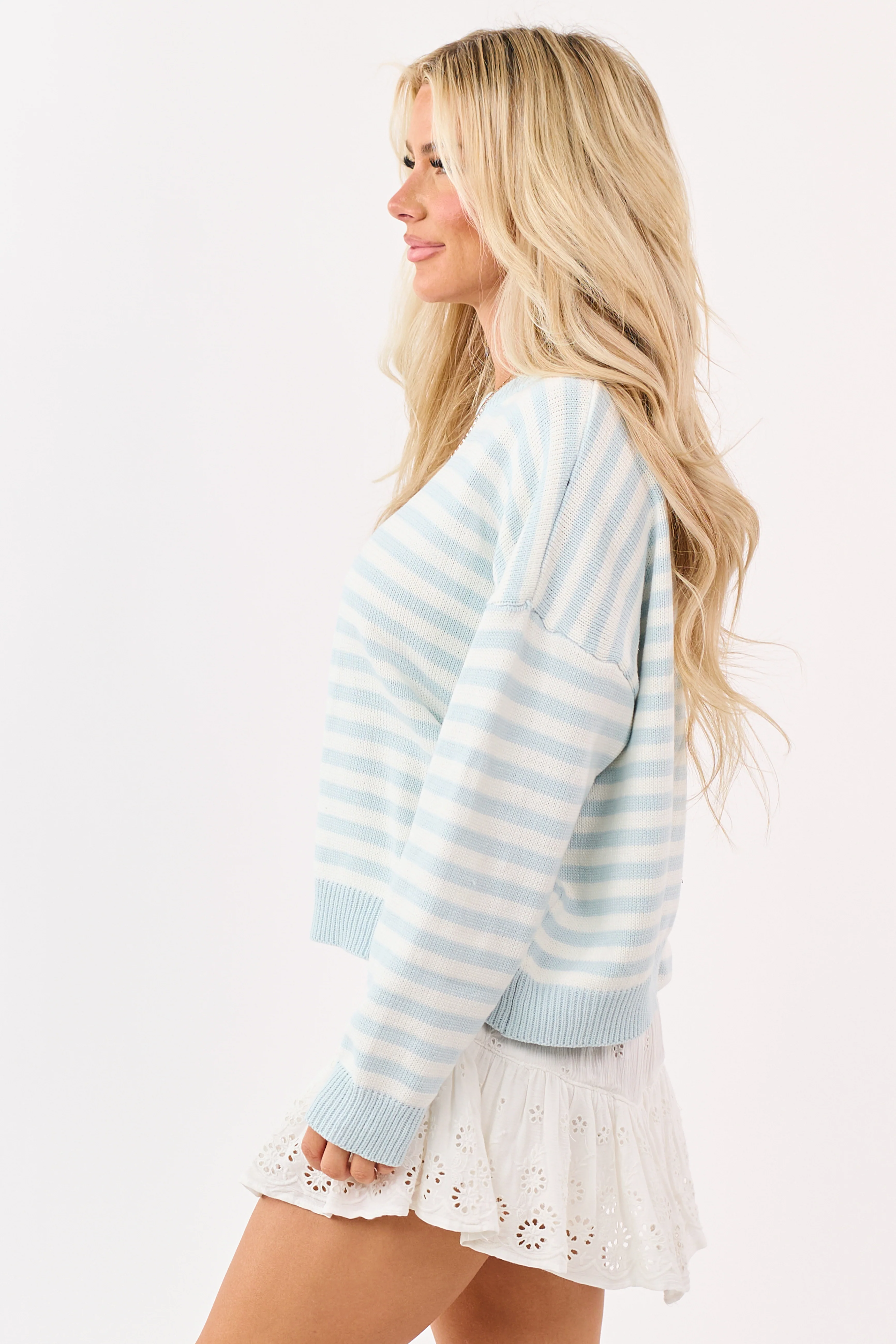 Sky Blue and Ivory Striped Ribbed Knit Sweater - Image 4