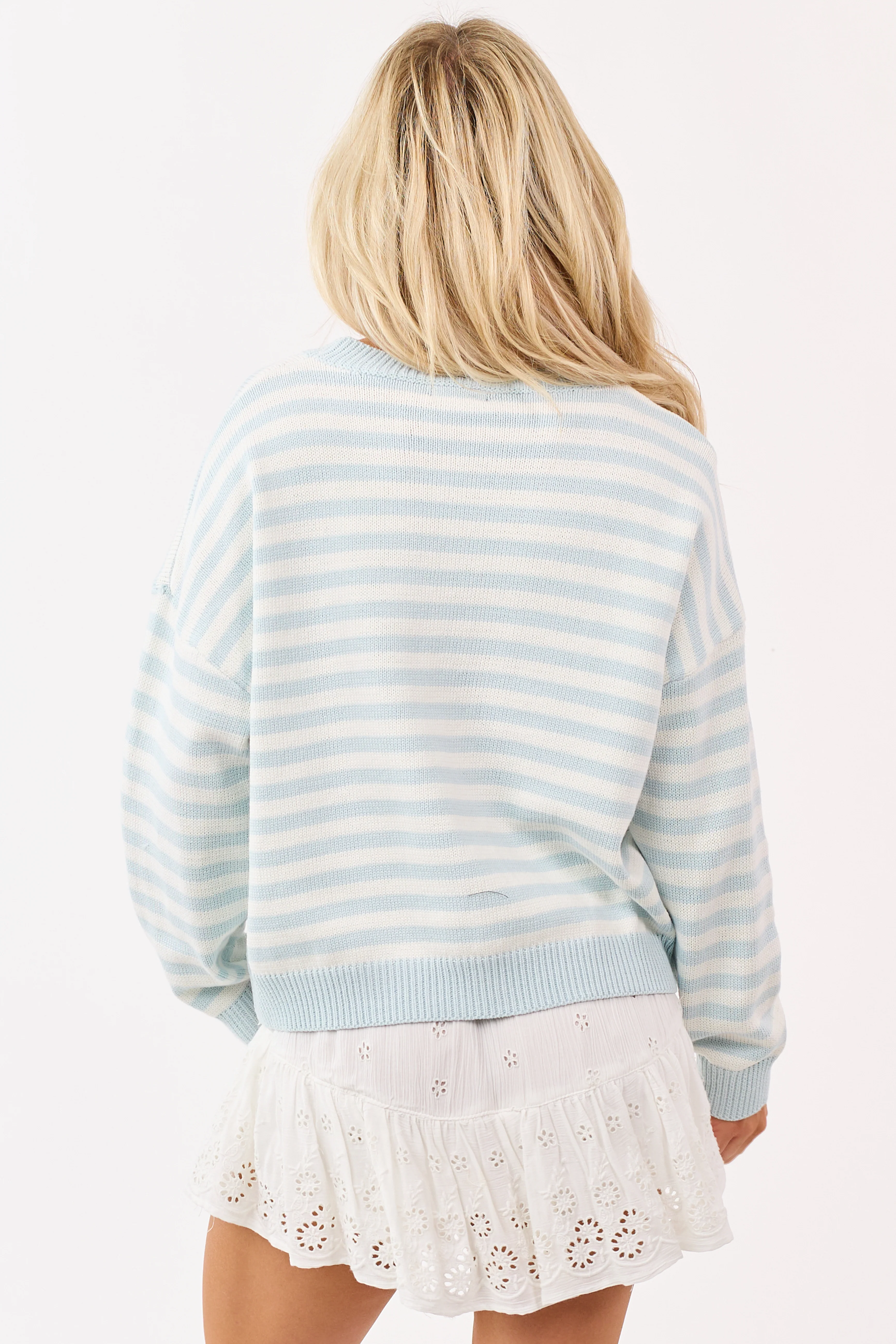 Sky Blue and Ivory Striped Ribbed Knit Sweater - Image 5