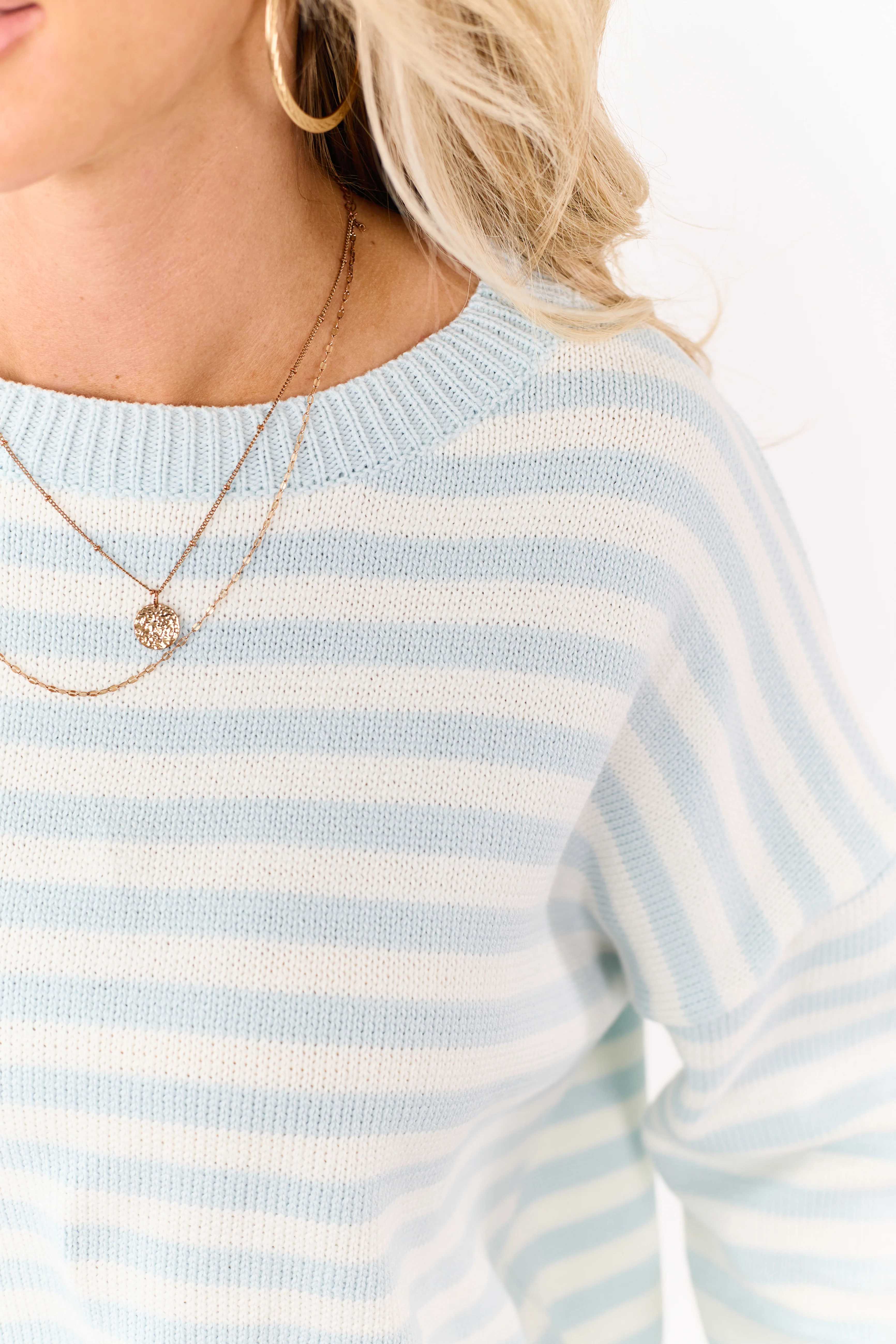 Sky Blue and Ivory Striped Ribbed Knit Sweater - Image 6