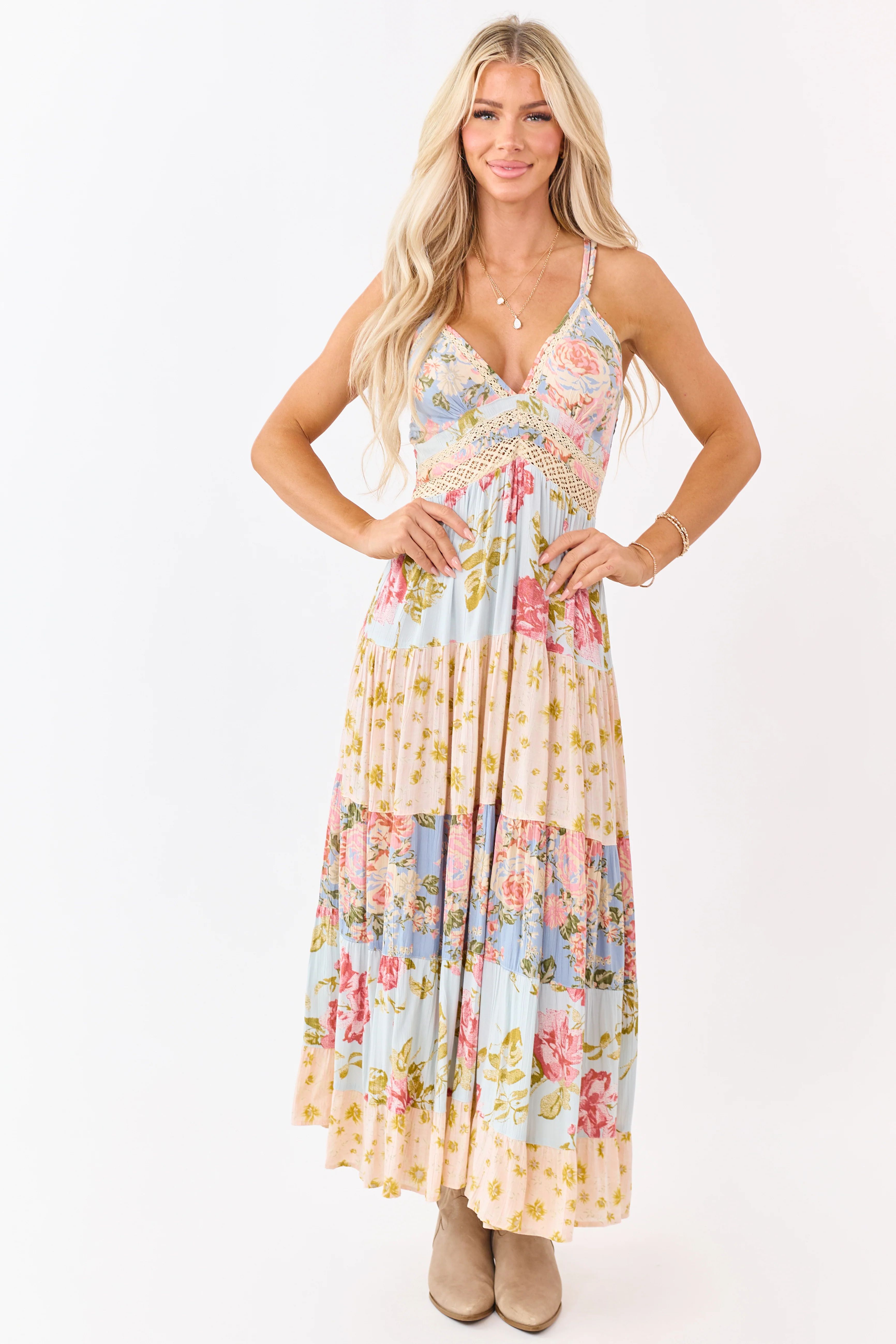 Sky Blue Tiered Mix Print Floral Lace Trim Maxi Dress - Image 2