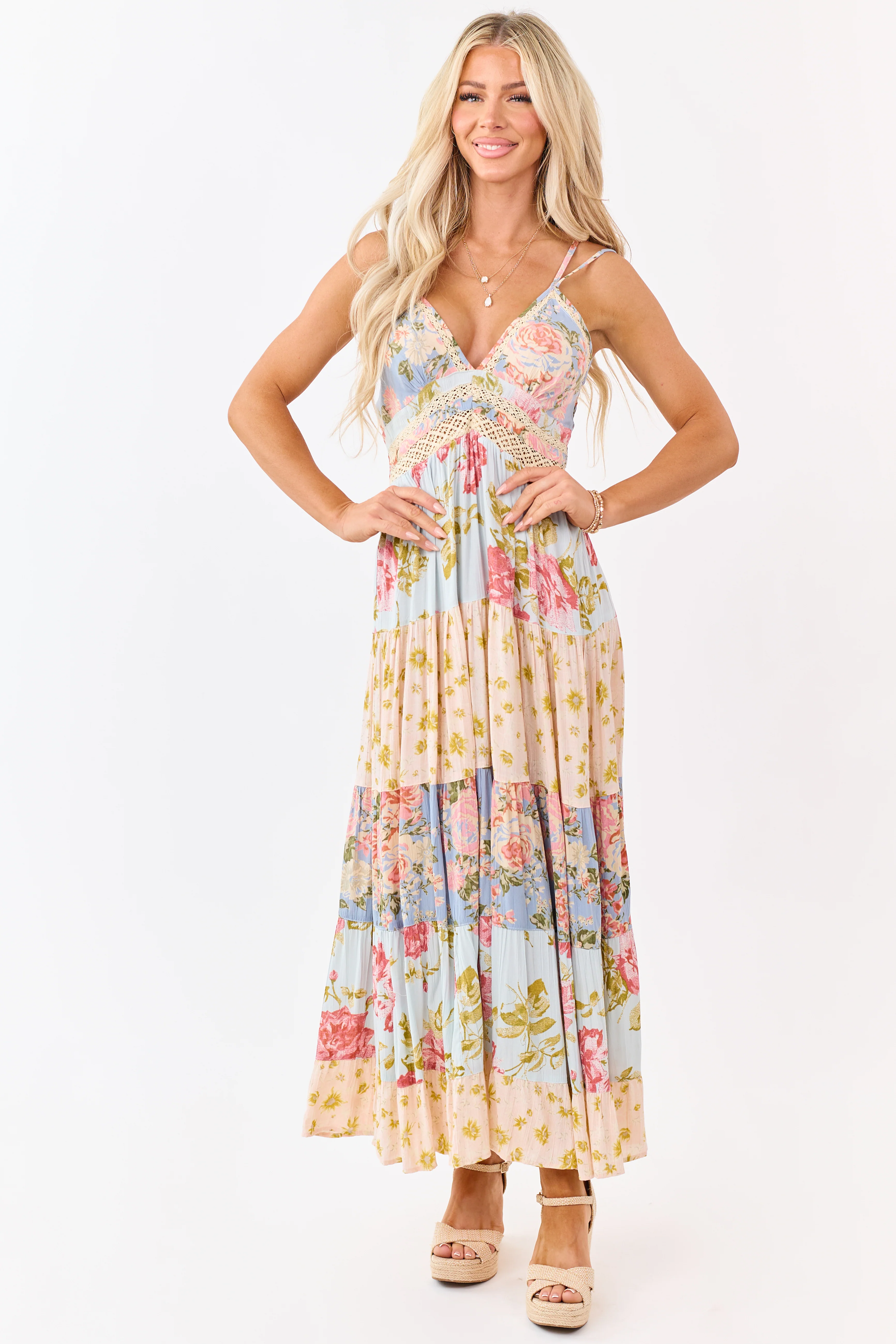 Sky Blue Tiered Mix Print Floral Lace Trim Maxi Dress - Image 4