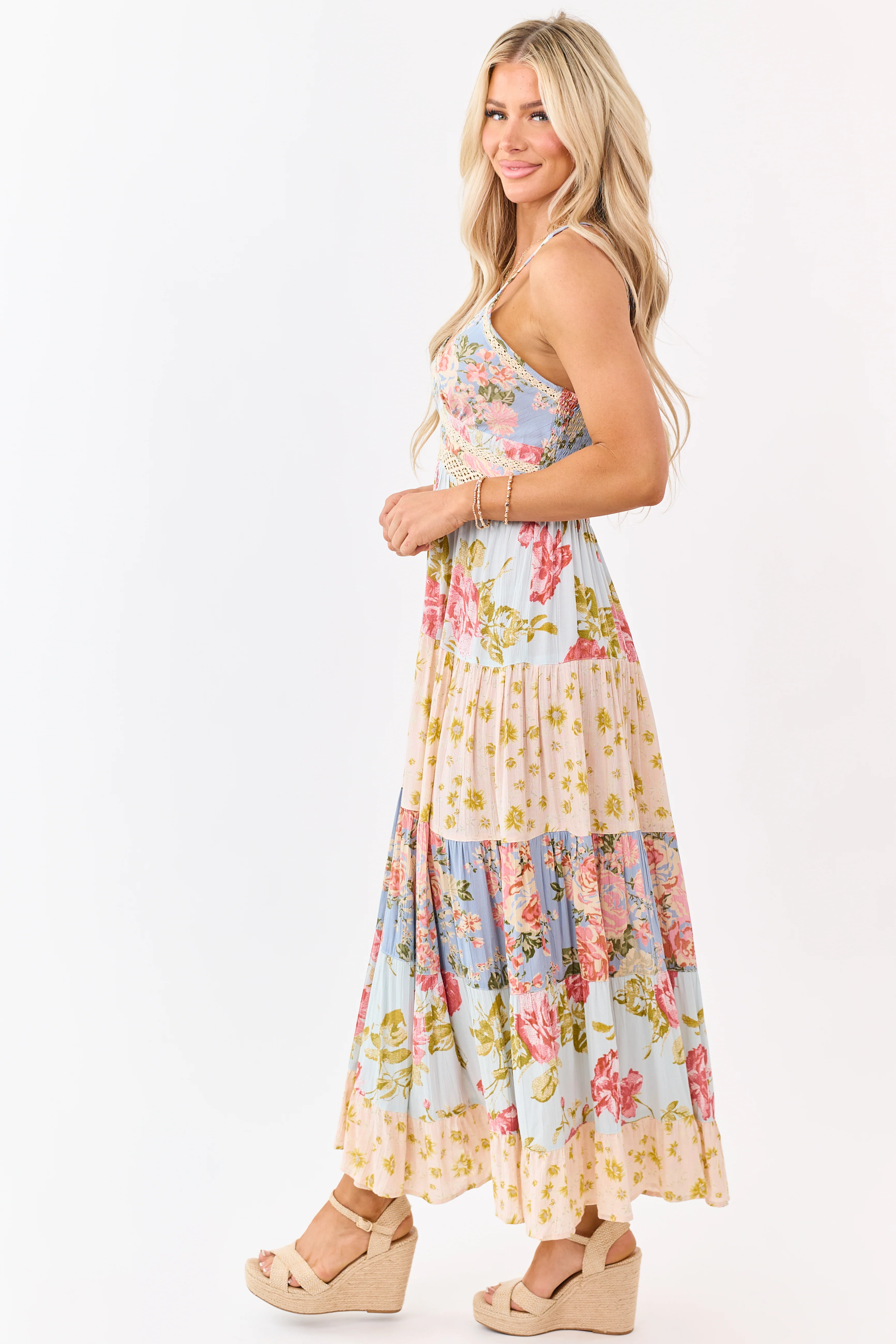 Sky Blue Tiered Mix Print Floral Lace Trim Maxi Dress - Image 5