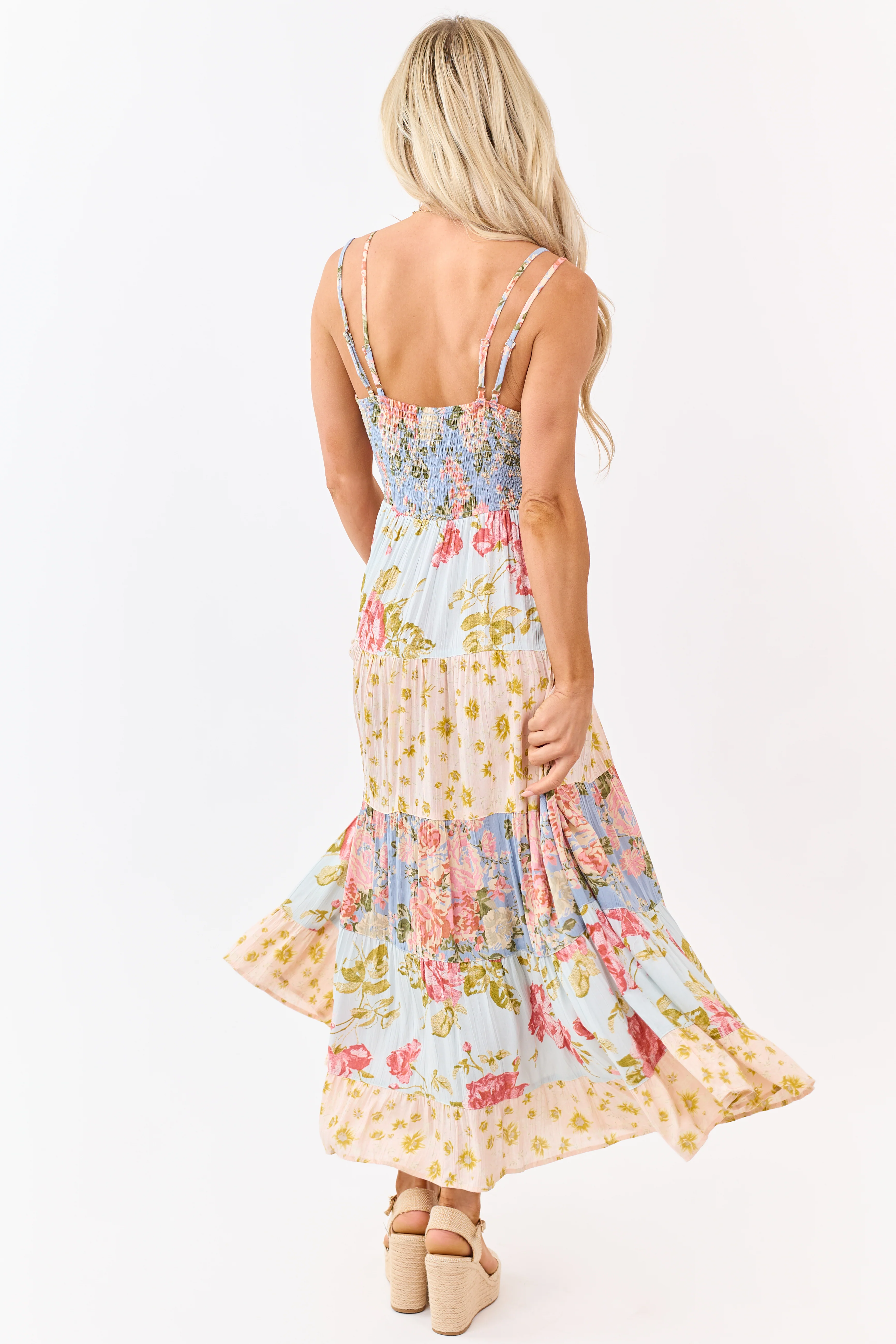 Sky Blue Tiered Mix Print Floral Lace Trim Maxi Dress - Image 6