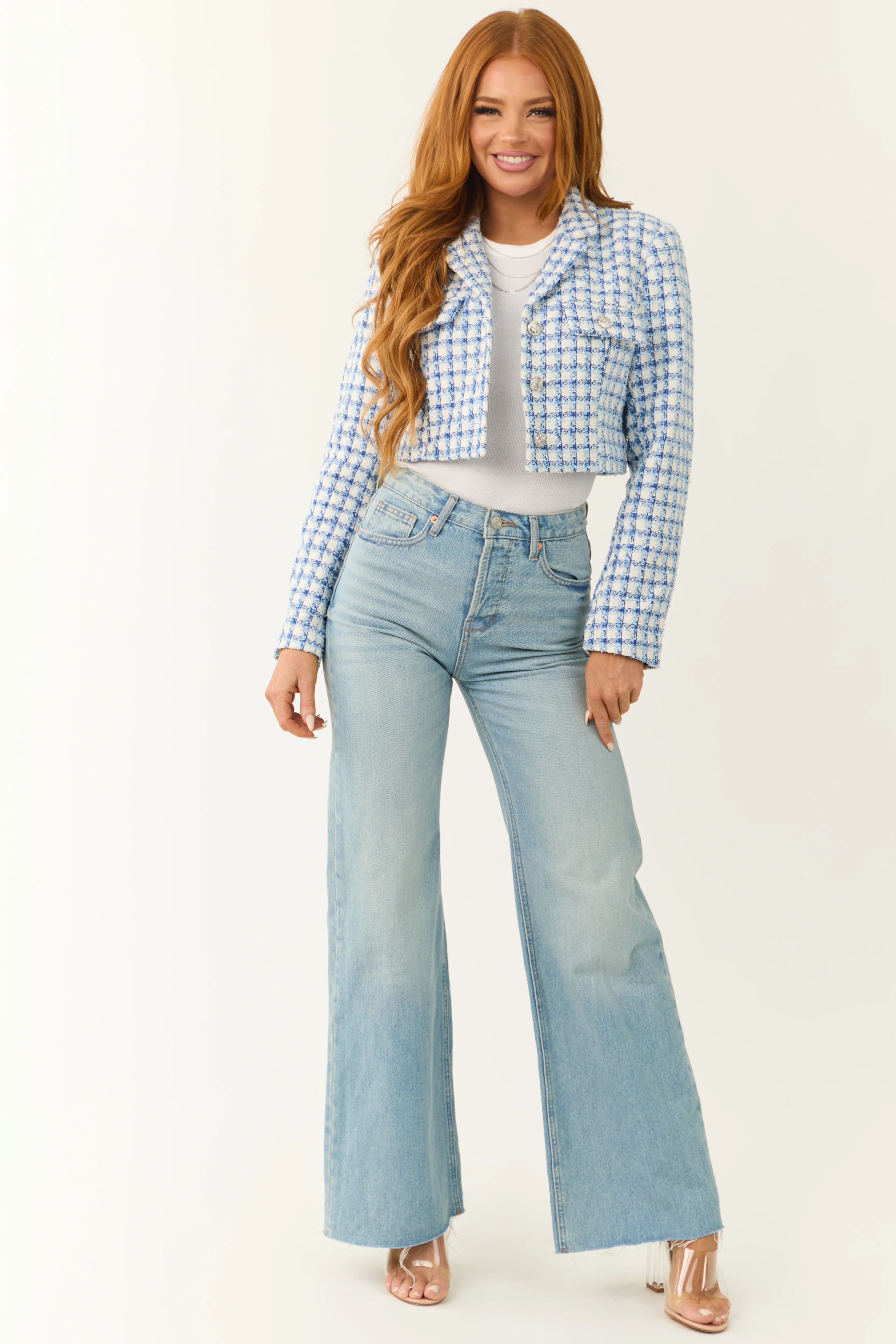 Sky Blue Tweed Plaid Button Down Cropped Jacket - Image 2