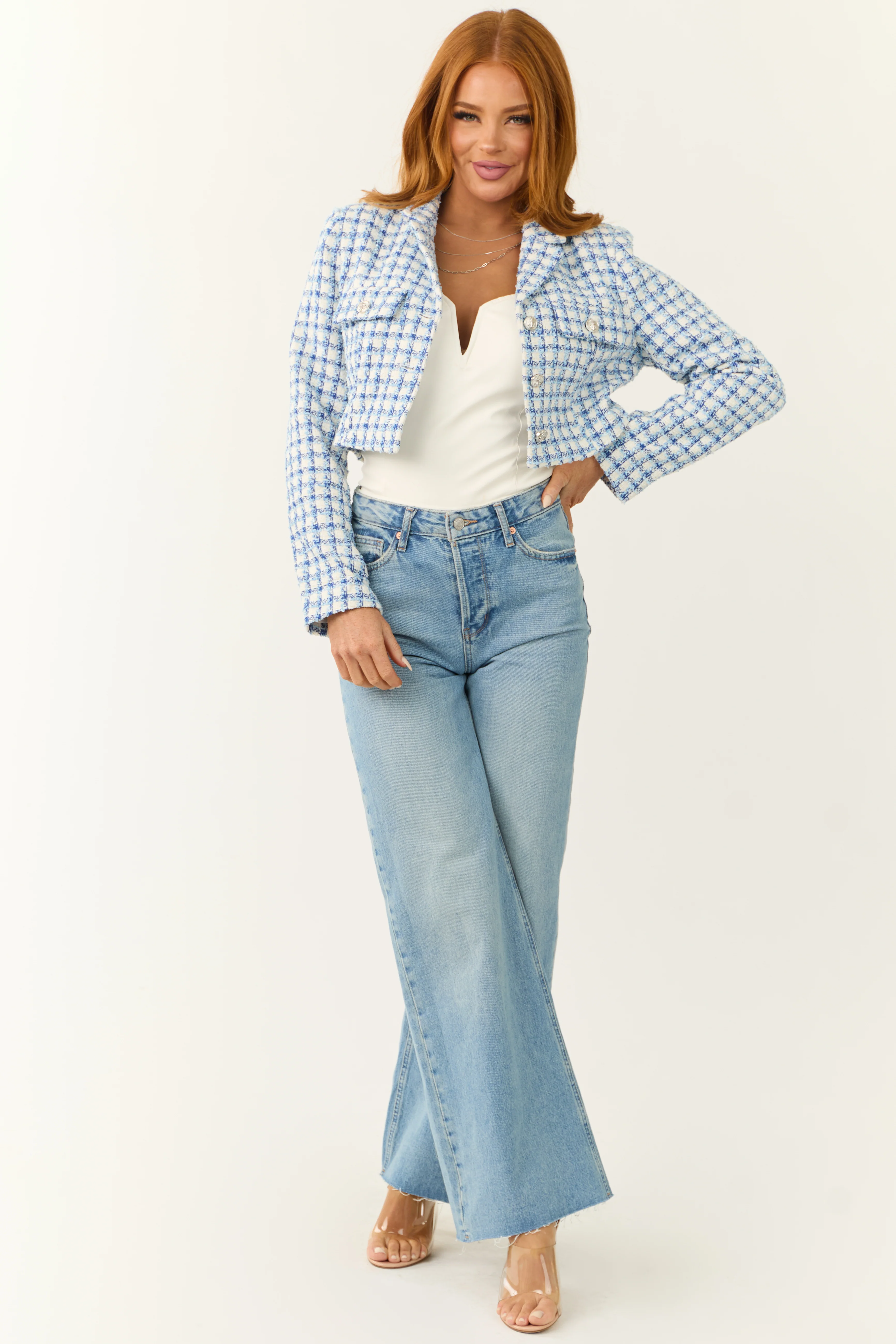 Sky Blue Tweed Plaid Button Down Cropped Jacket - Image 3