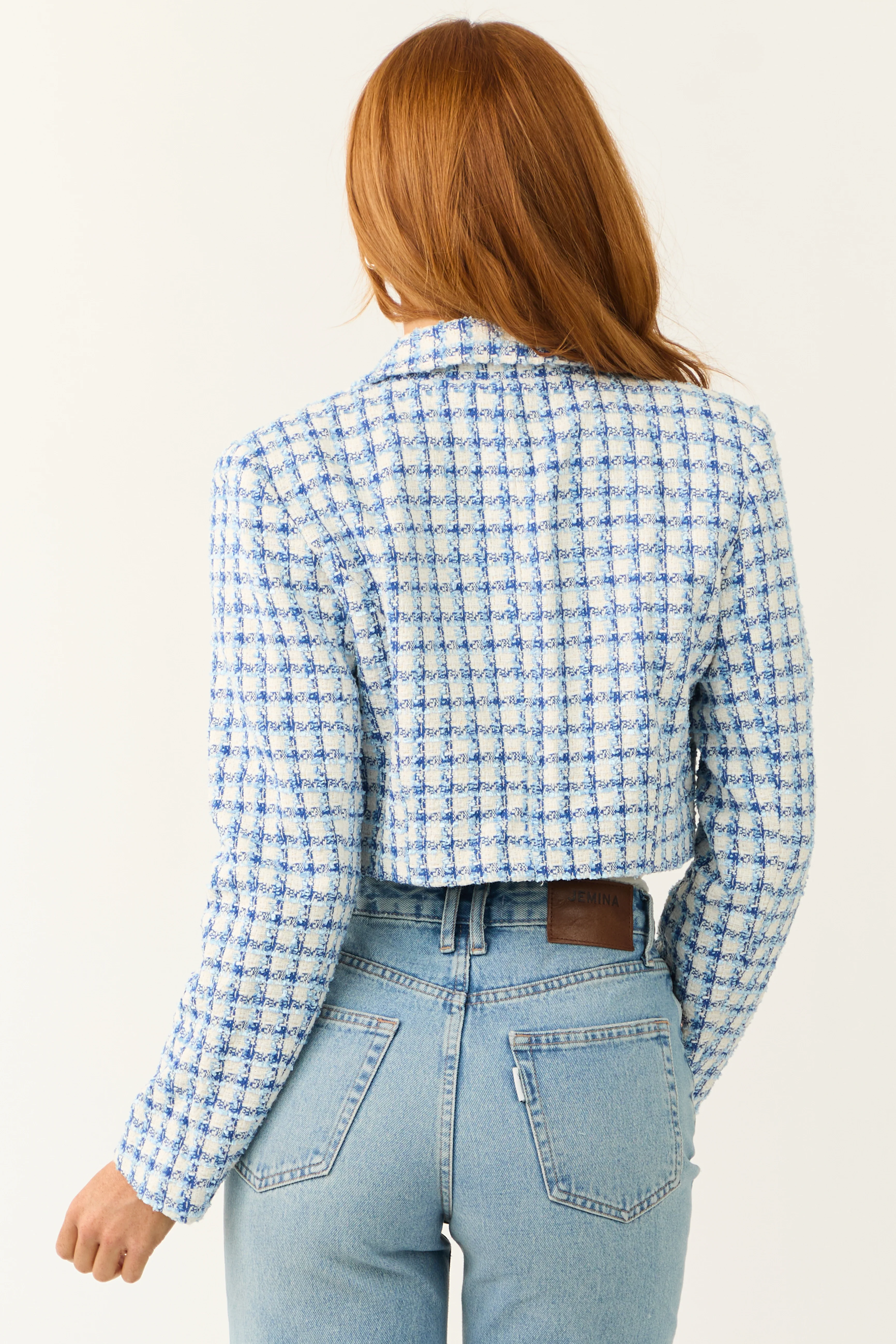 Sky Blue Tweed Plaid Button Down Cropped Jacket - Image 6