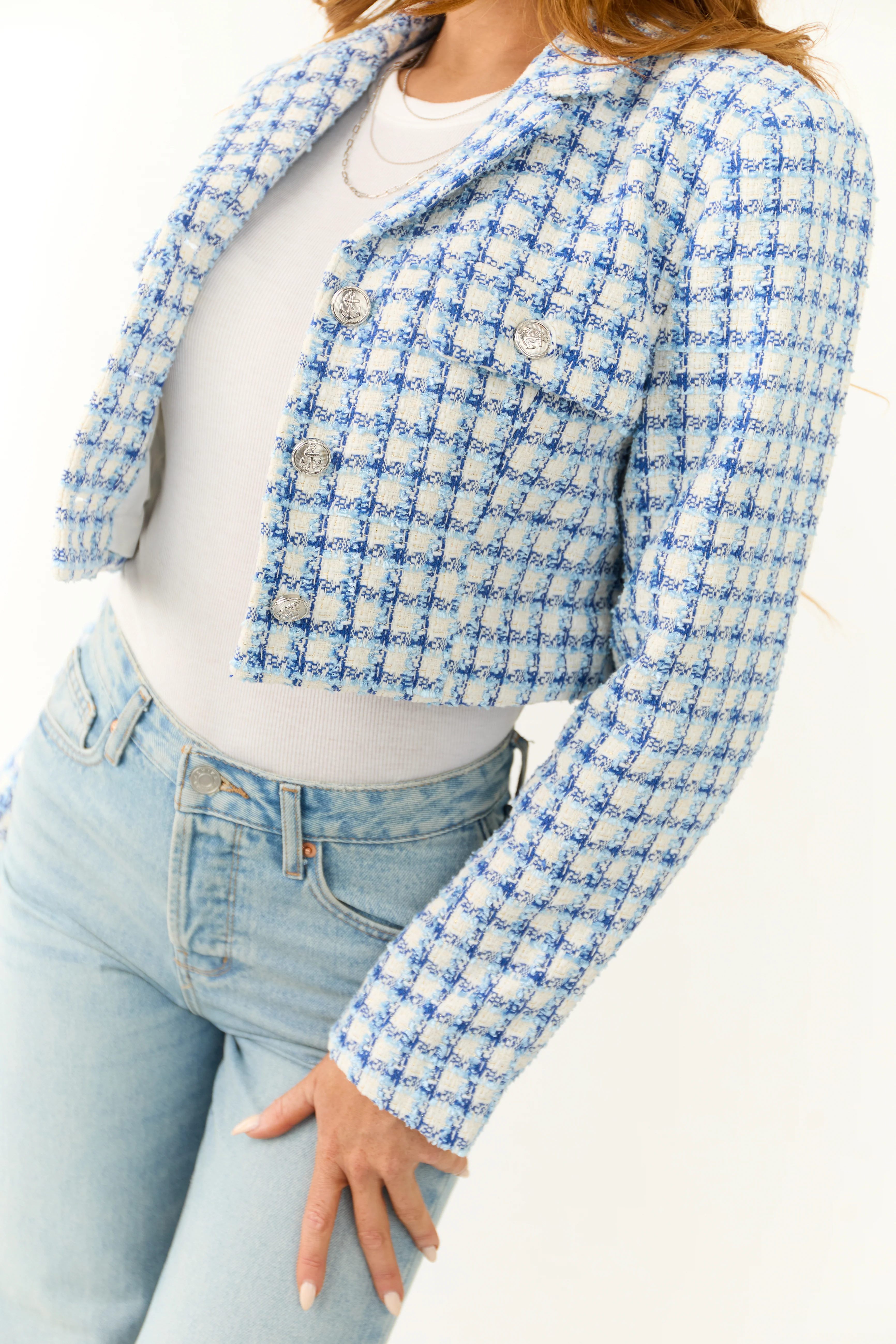 Sky Blue Tweed Plaid Button Down Cropped Jacket - Image 7