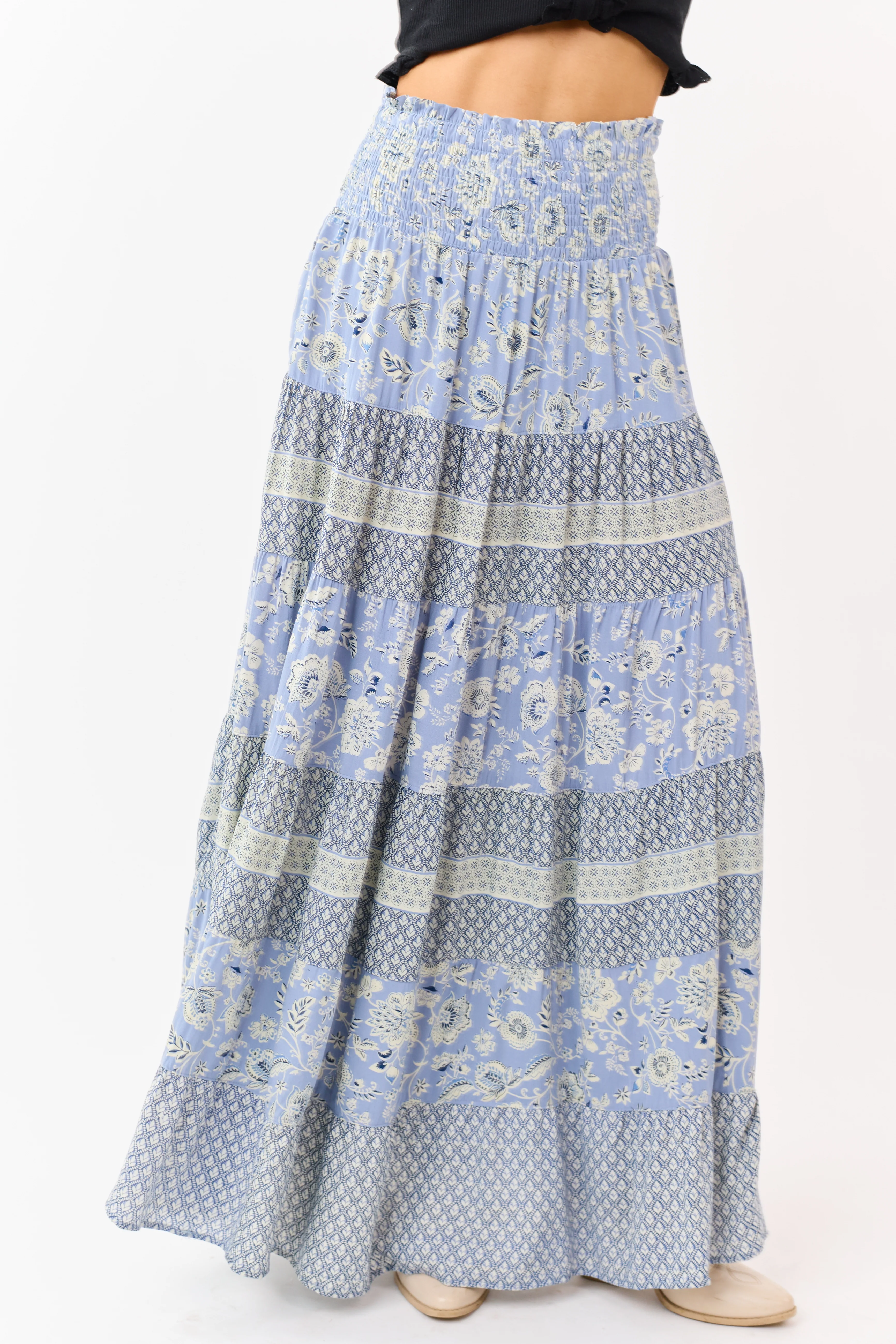 Slate Blue Floral Print Tiered Smocked Maxi Skirt - Image 2