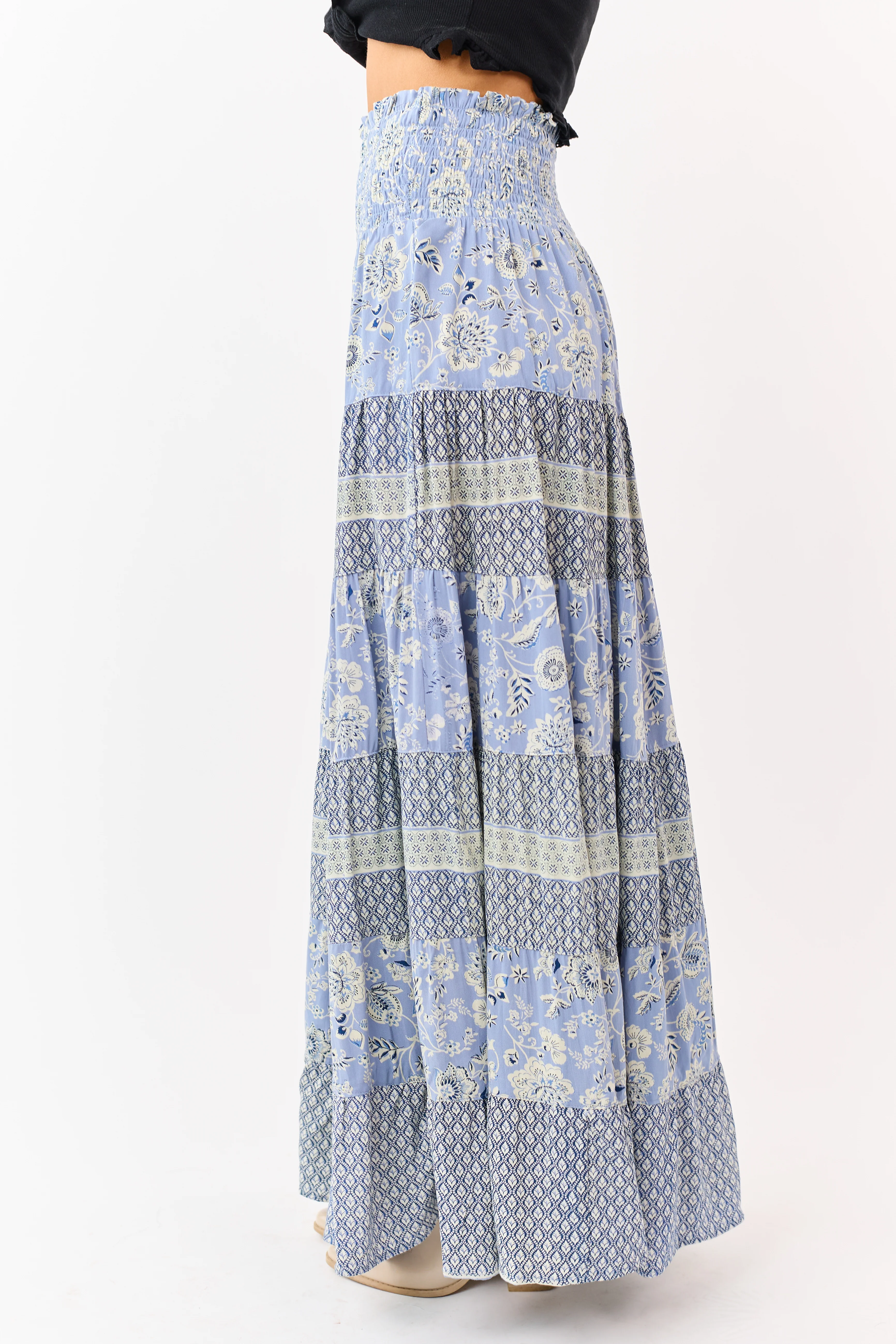 Slate Blue Floral Print Tiered Smocked Maxi Skirt - Image 3