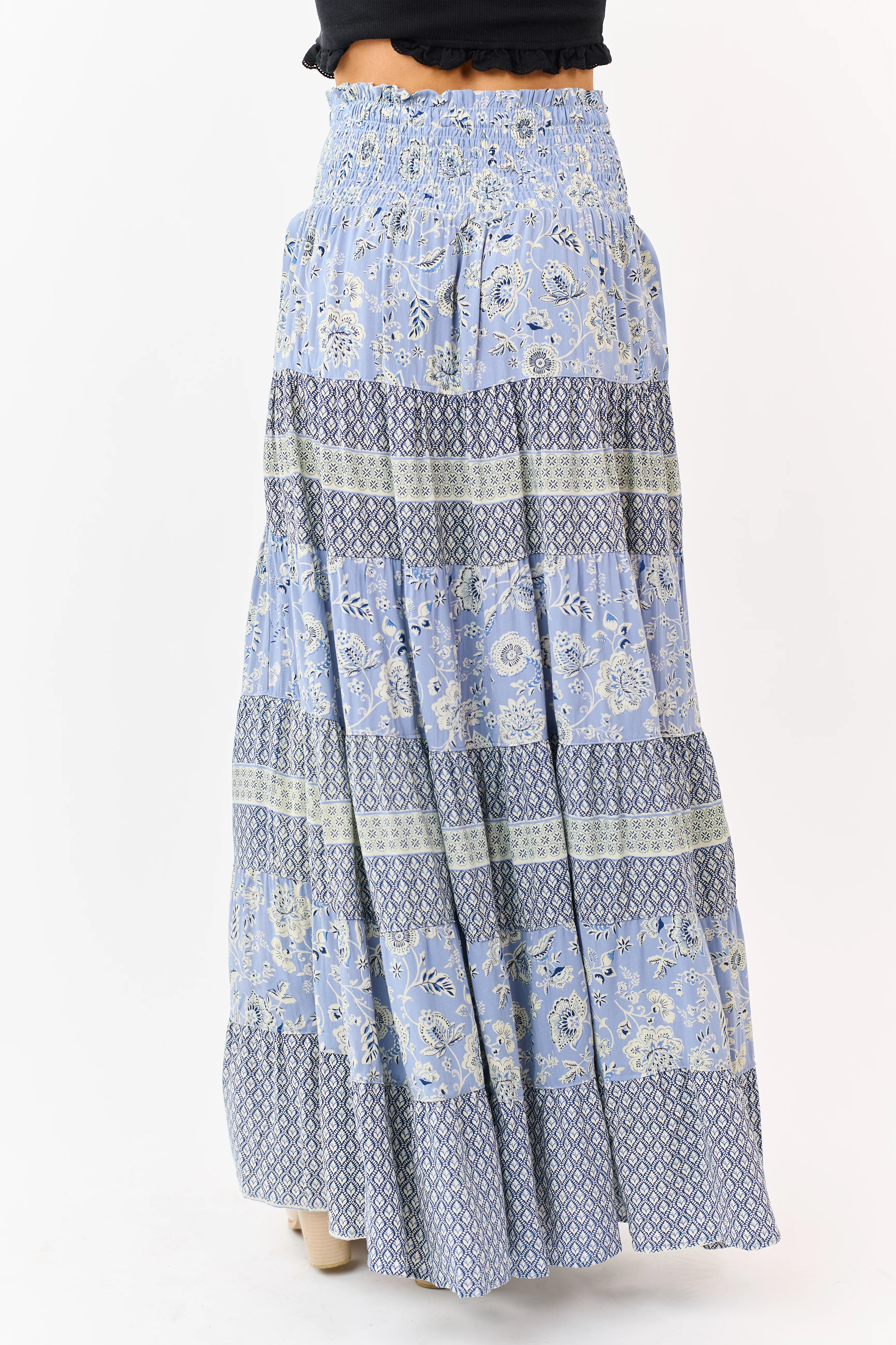 Slate Blue Floral Print Tiered Smocked Maxi Skirt - Image 4