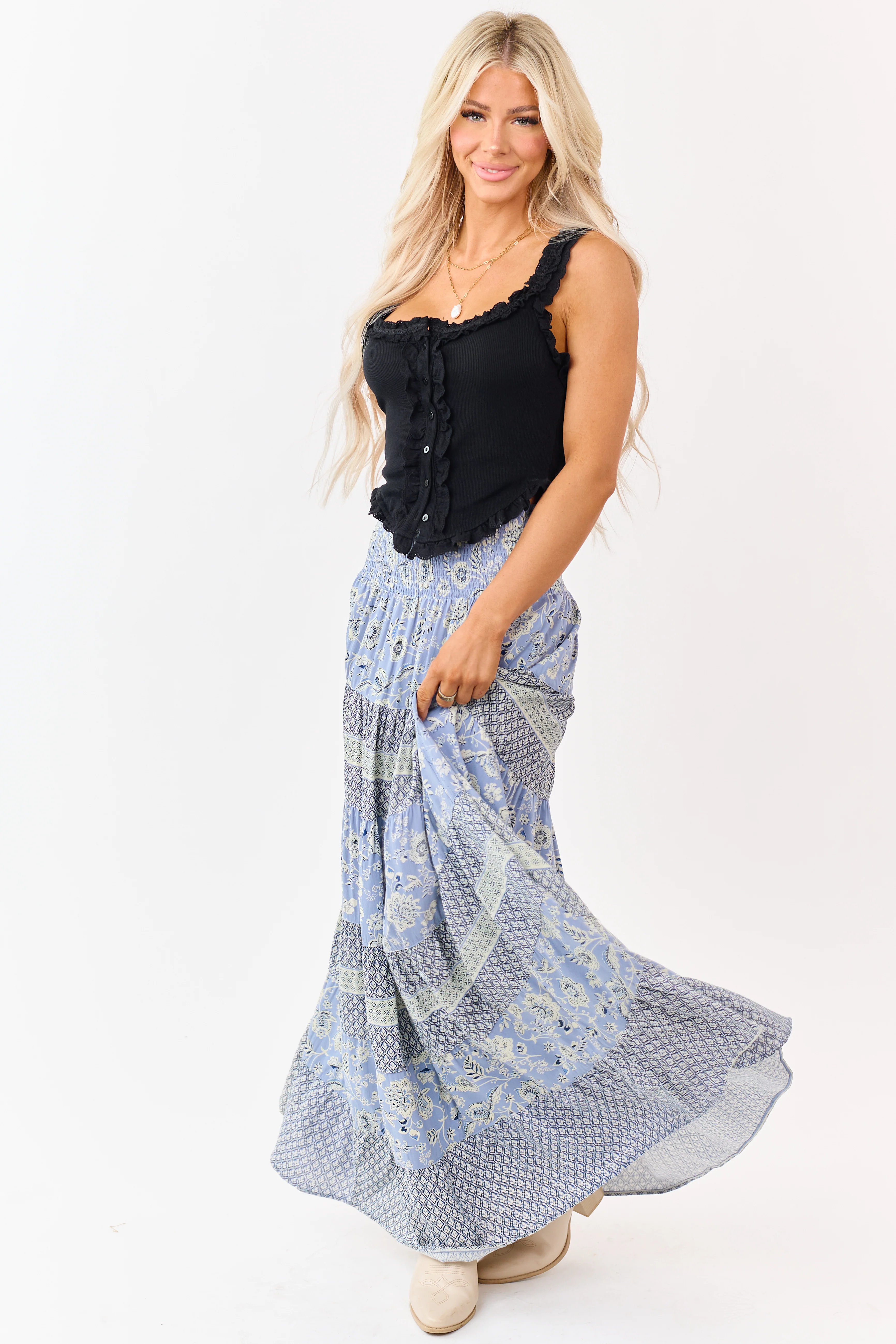 Slate Blue Floral Print Tiered Smocked Maxi Skirt - Image 7
