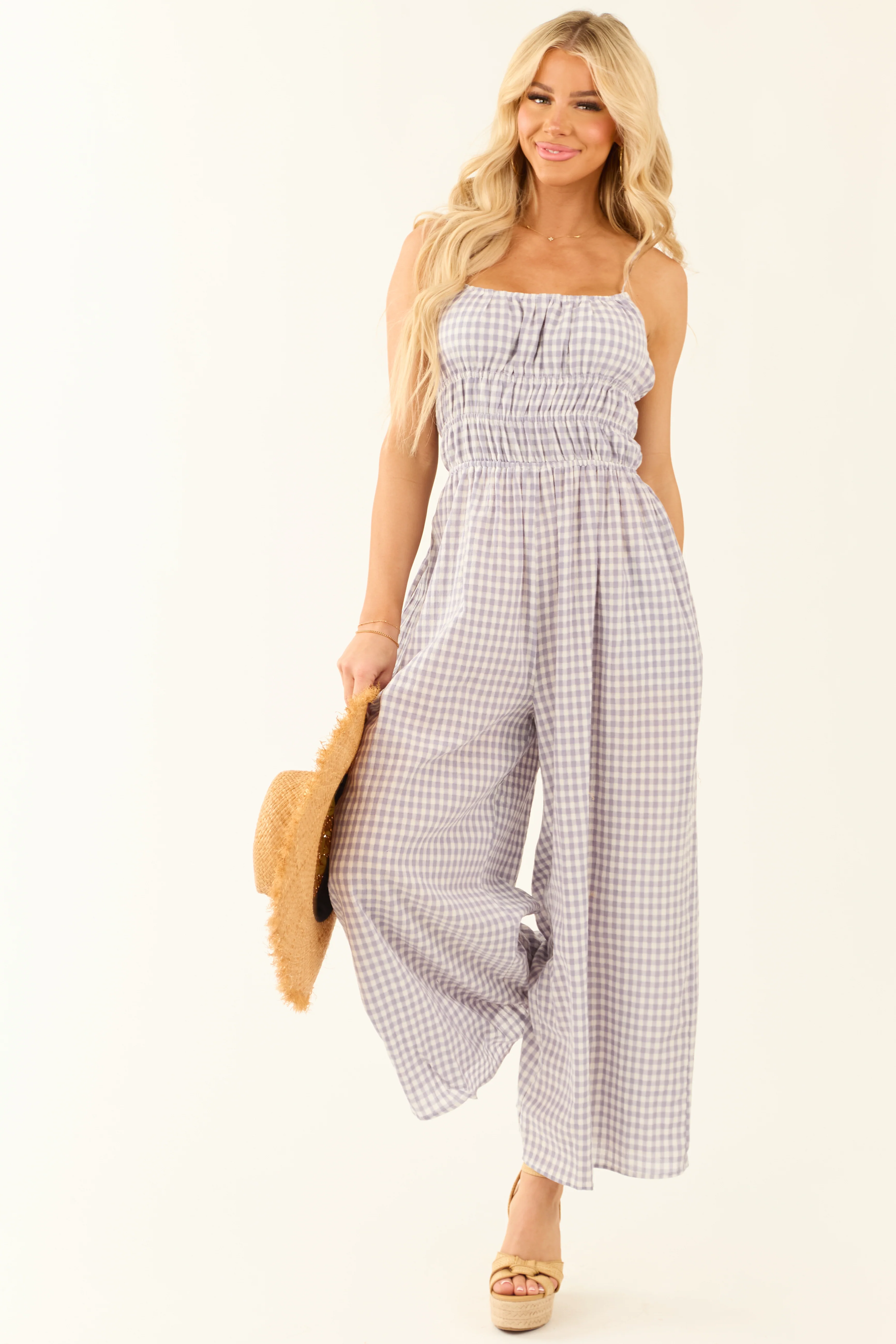 Slate Blue Gingham Ribbon Tie Sleeveless Jumpsuit - Image 2