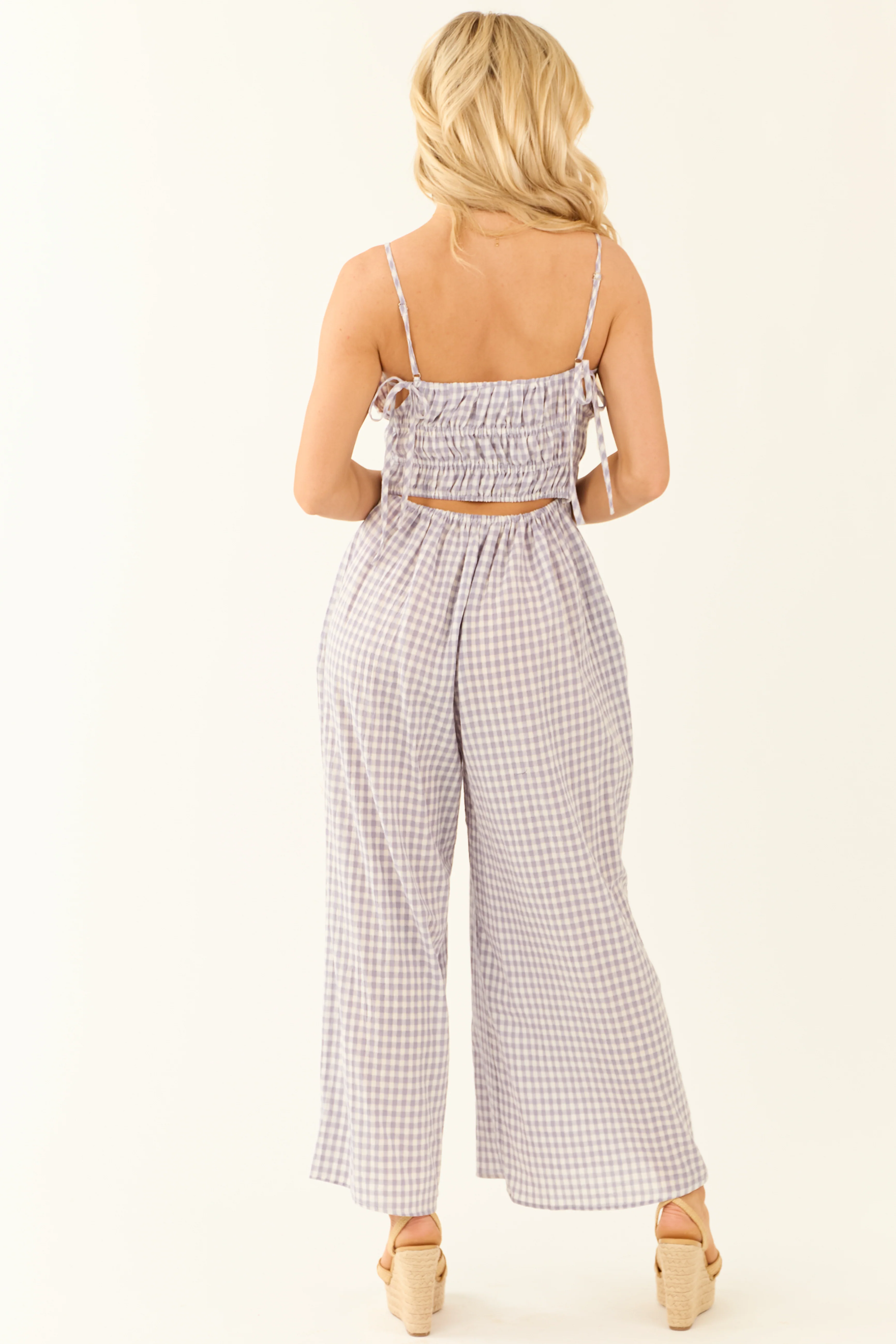 Slate Blue Gingham Ribbon Tie Sleeveless Jumpsuit - Image 5