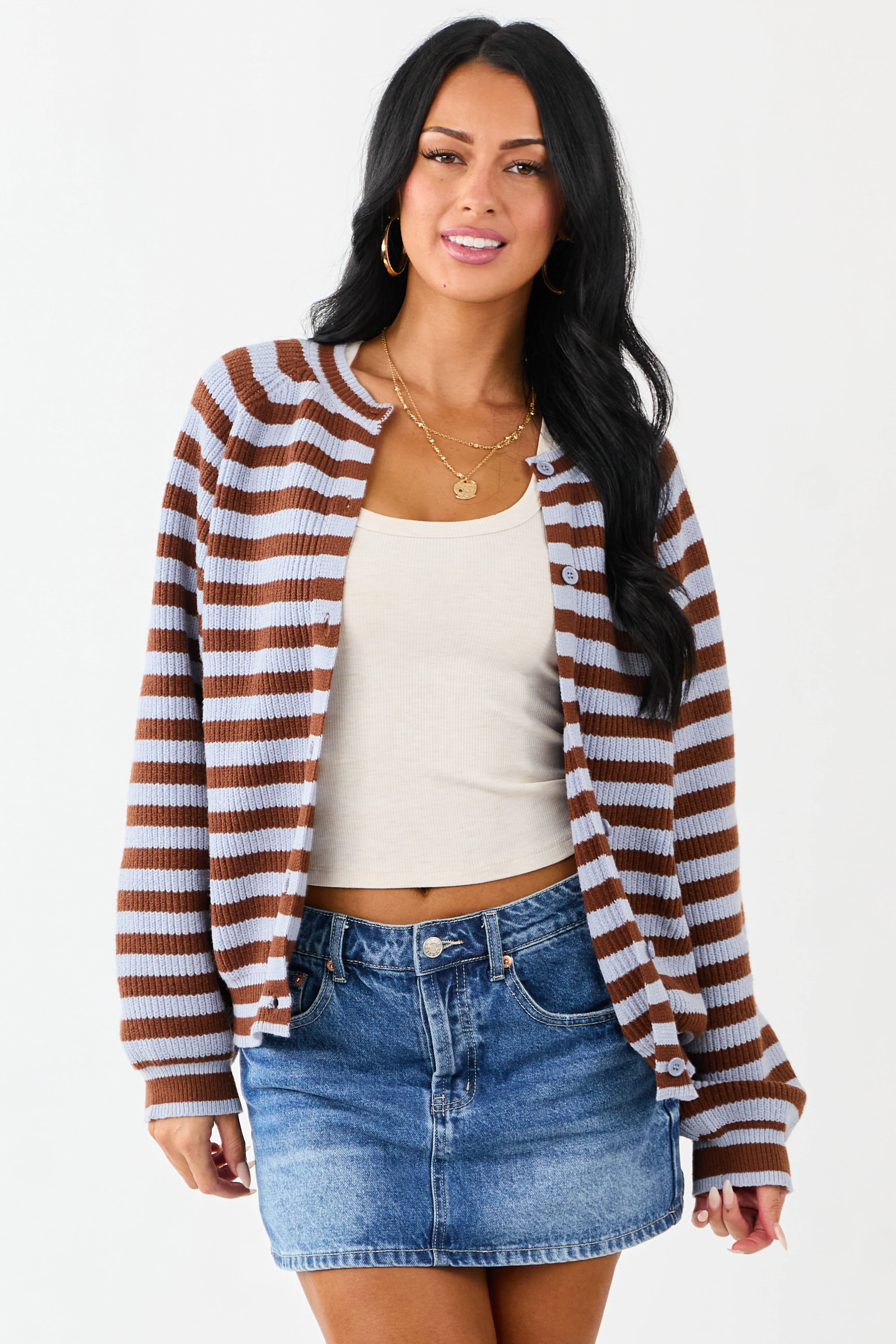Slate Blue and Spice Striped Button Up Cardigan