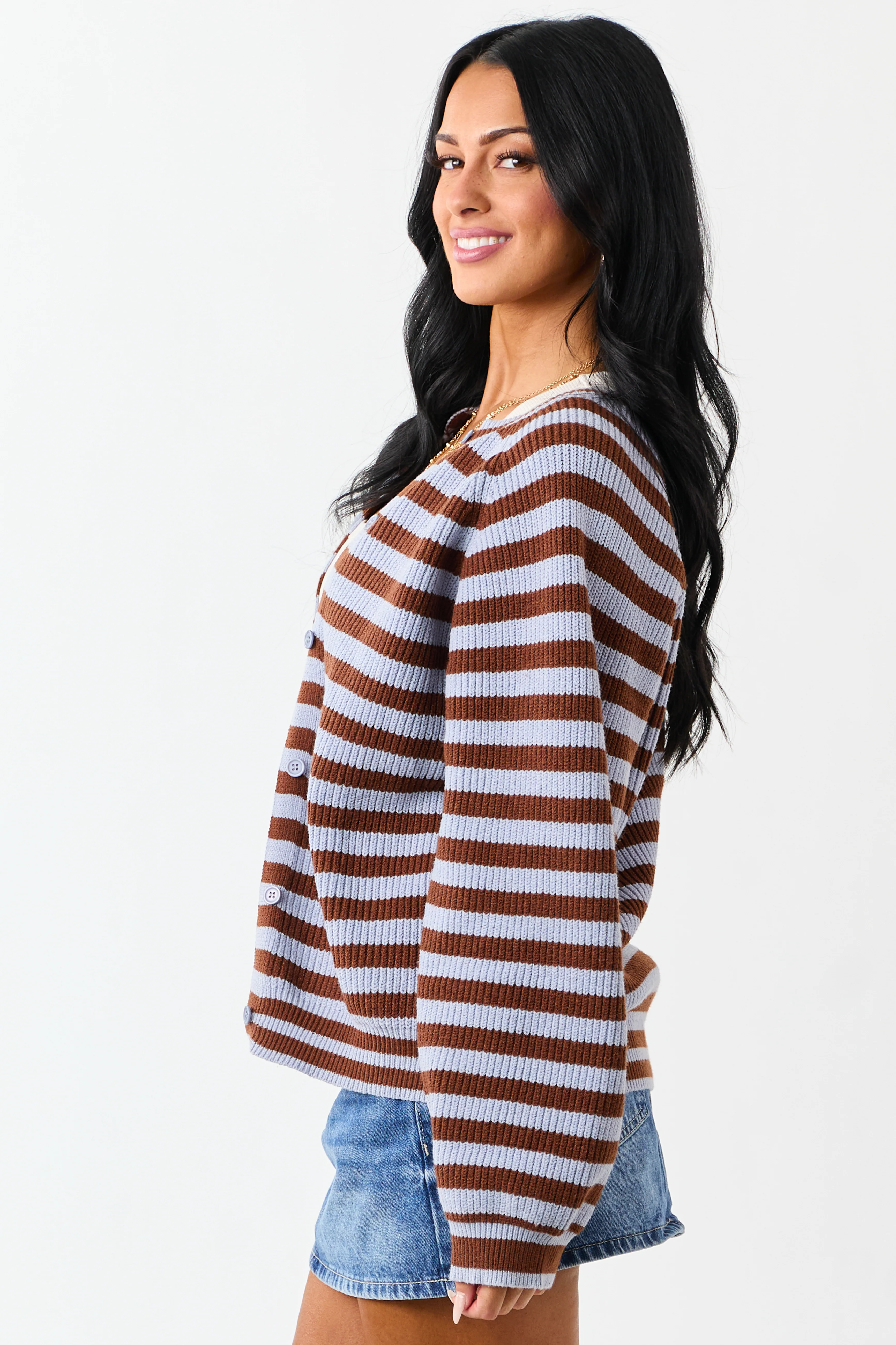 Slate Blue and Spice Striped Button Up Cardigan - Image 5