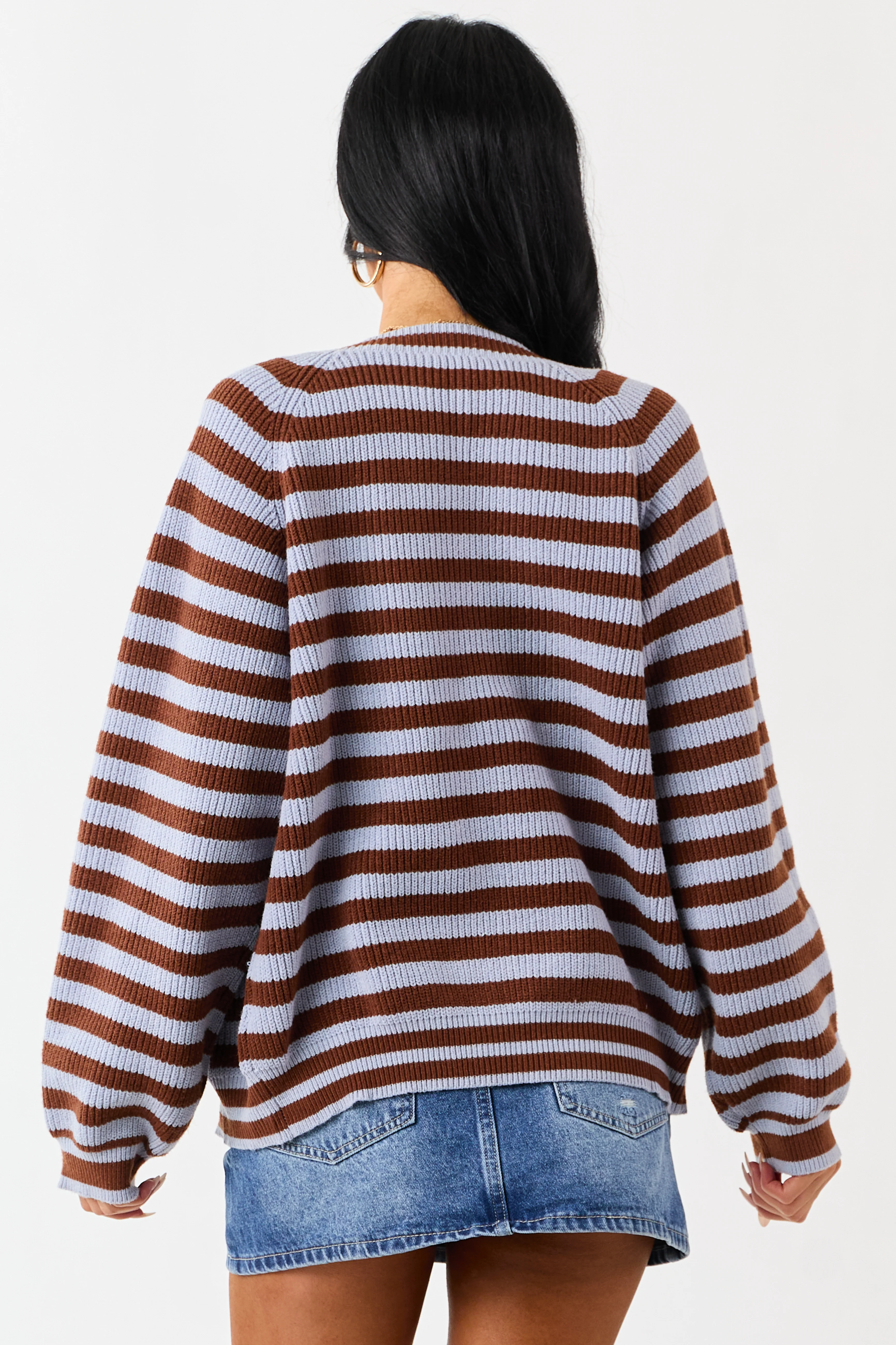 Slate Blue and Spice Striped Button Up Cardigan - Image 6