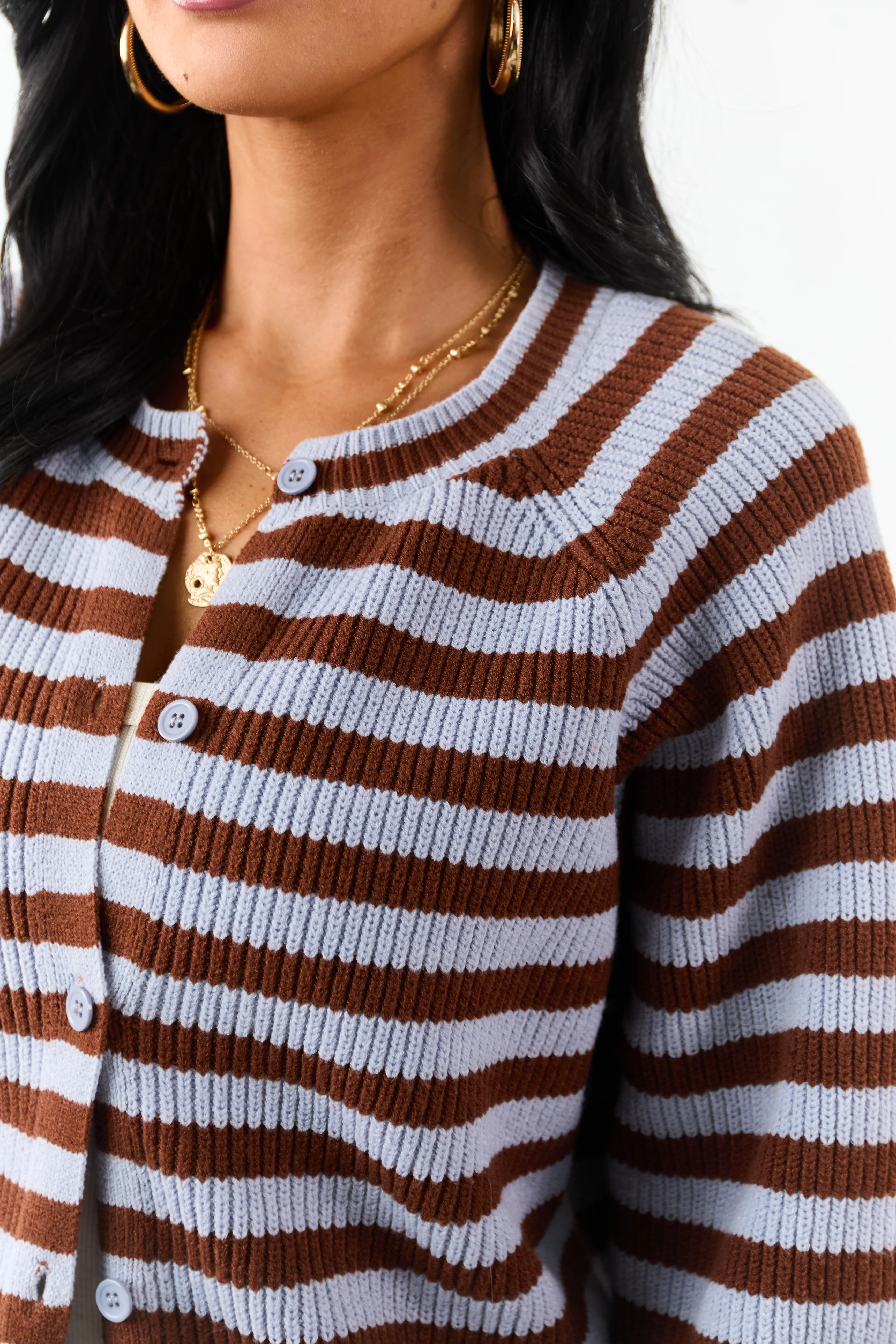 Slate Blue and Spice Striped Button Up Cardigan - Image 7
