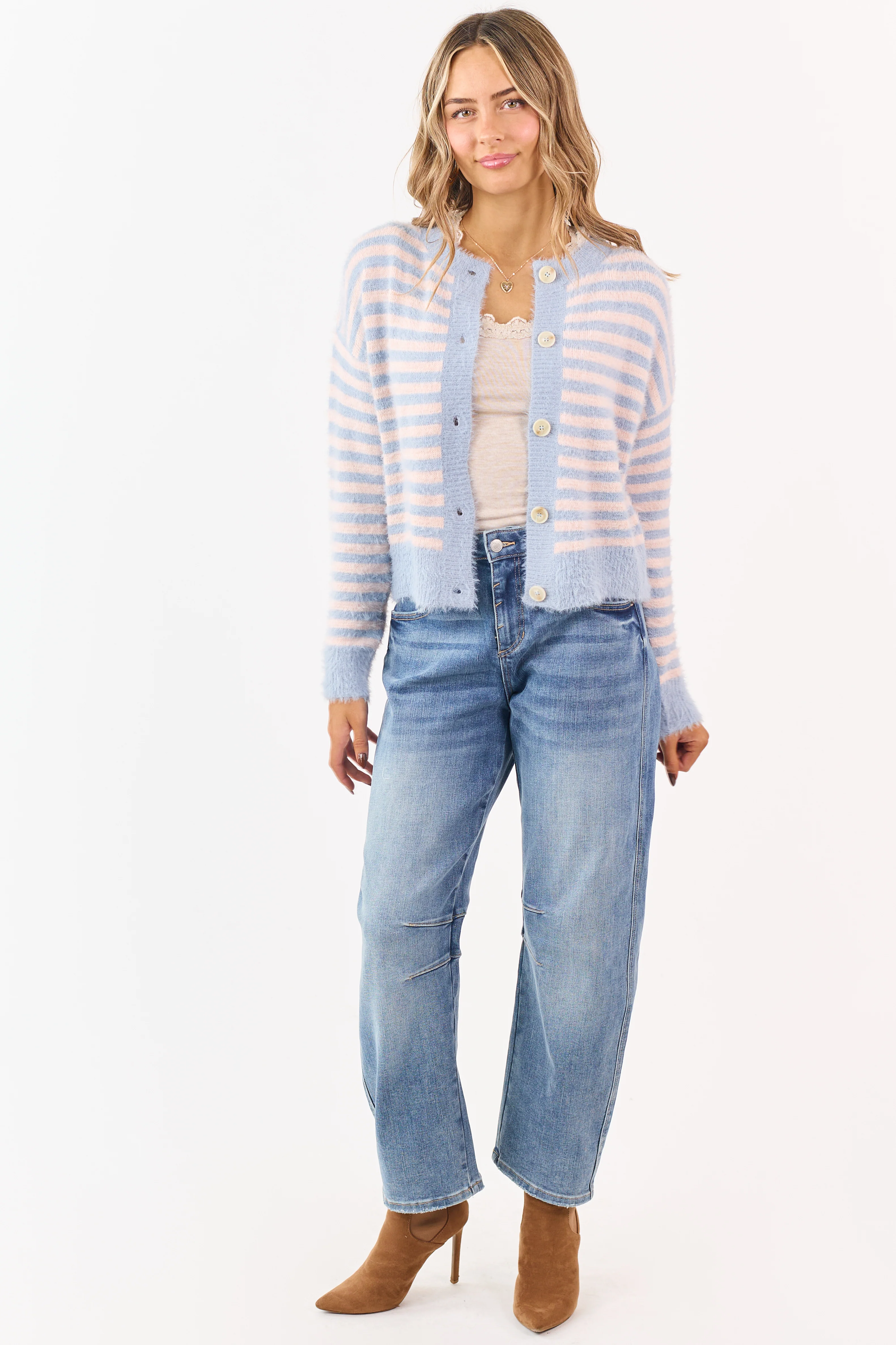 Slate Blue Striped Button Down Eyelash Knit Cardigan - Image 3