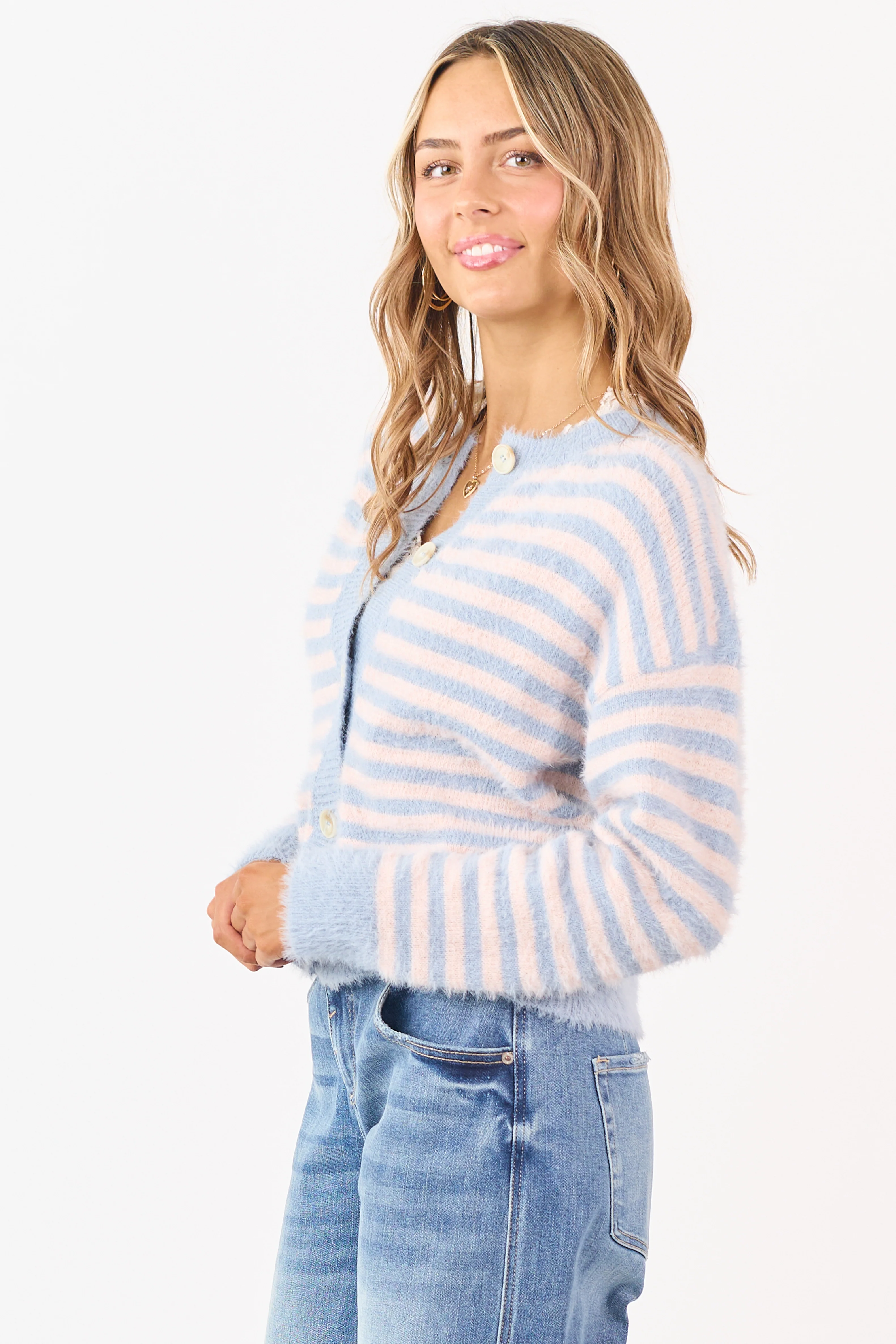 Slate Blue Striped Button Down Eyelash Knit Cardigan - Image 4