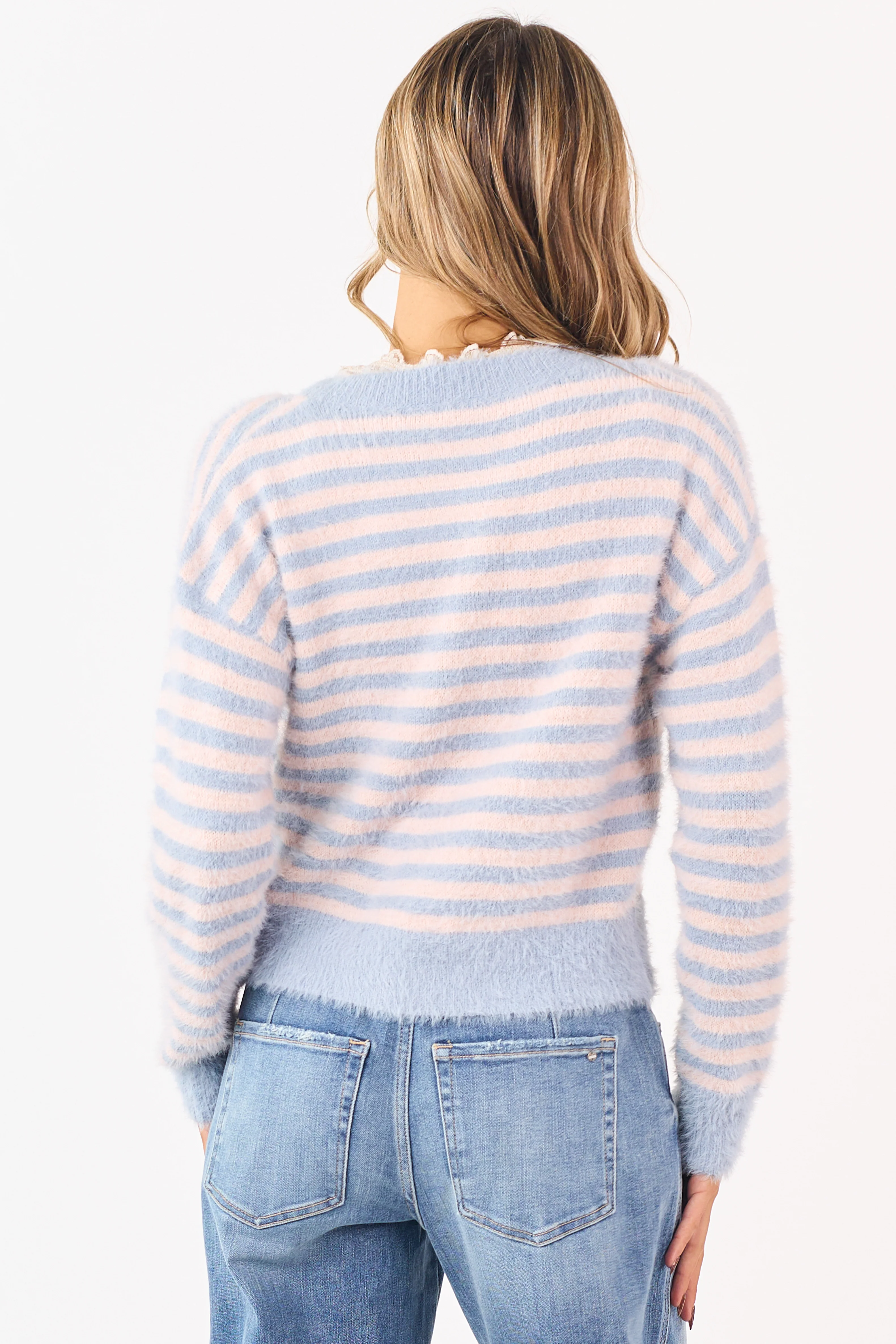 Slate Blue Striped Button Down Eyelash Knit Cardigan - Image 5