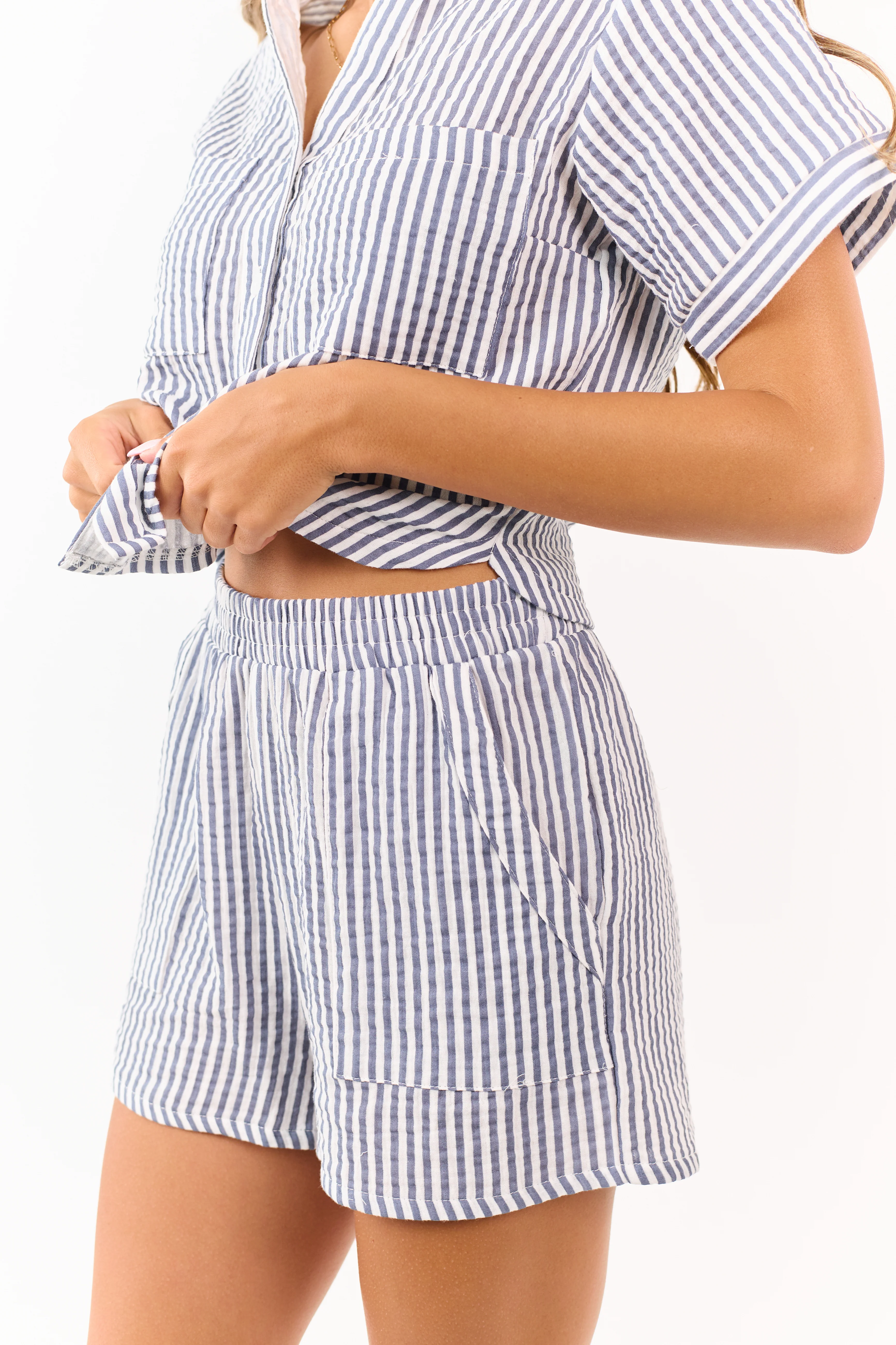 Slate Blue Striped Cotton Top and Shorts Set - Image 6