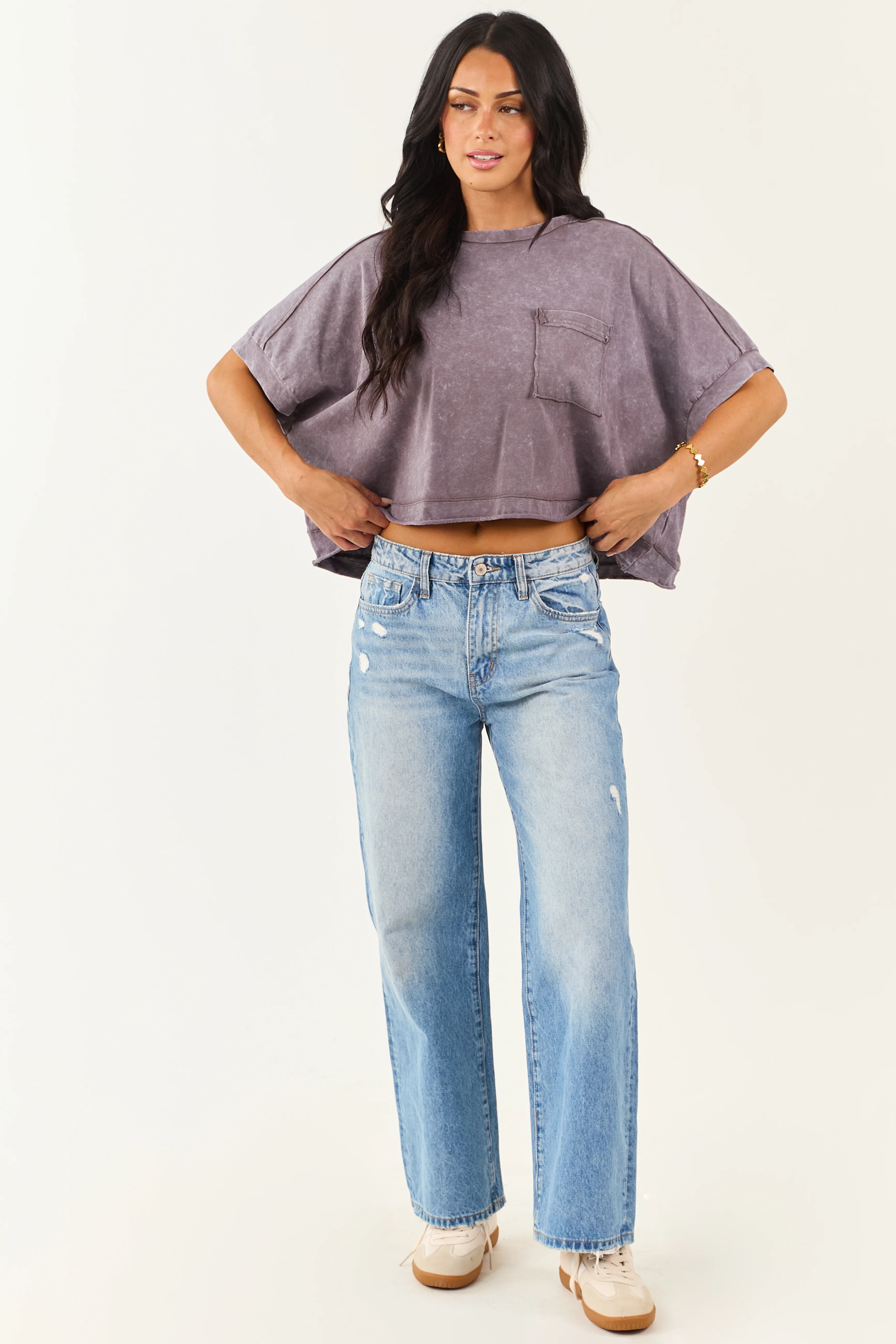 Slate Mineral Wash Semi Cropped Boxy Cotton Tee - Image 3