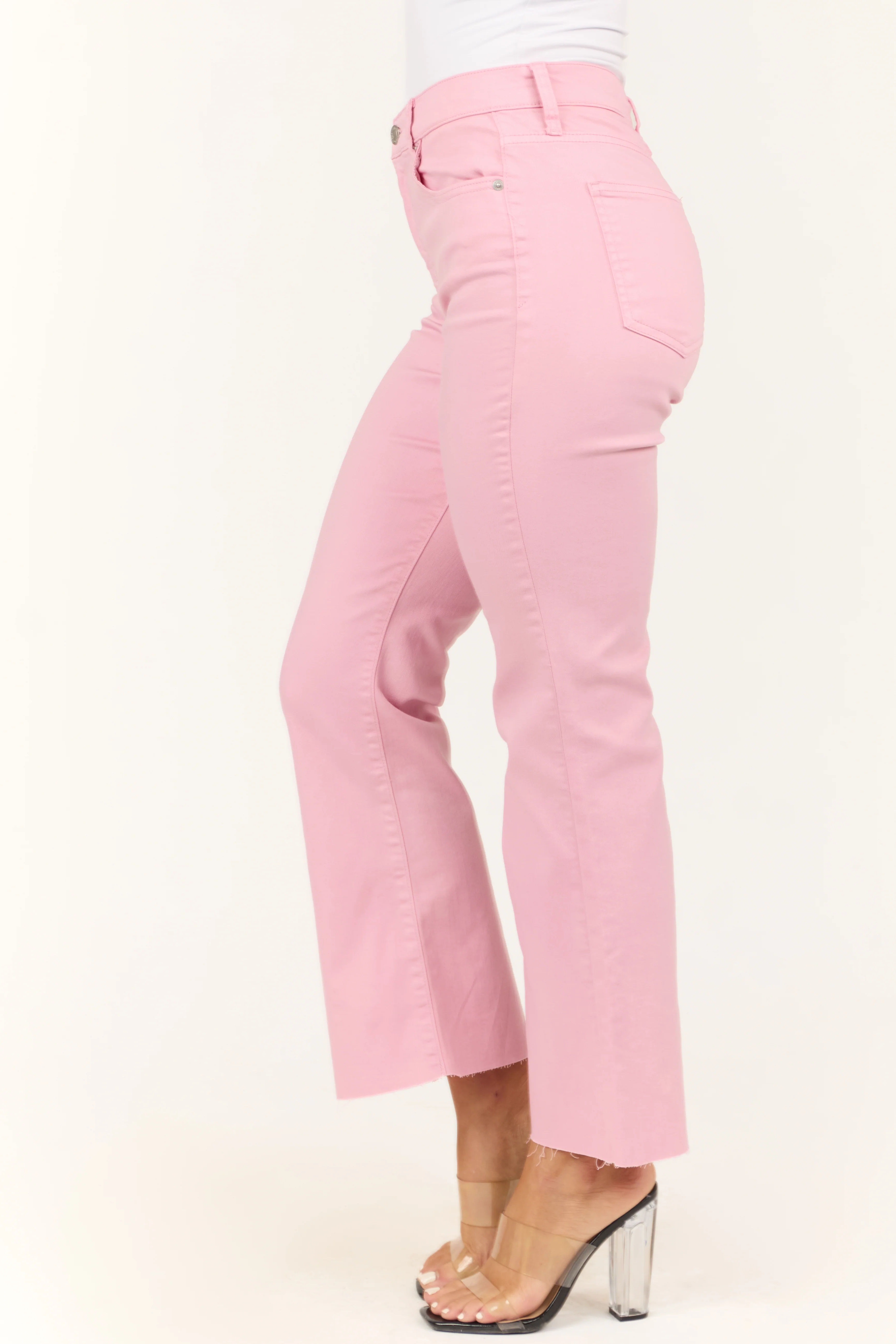 Sneak Peek Baby Pink High Rise Flare Ankle Jeans - Image 3