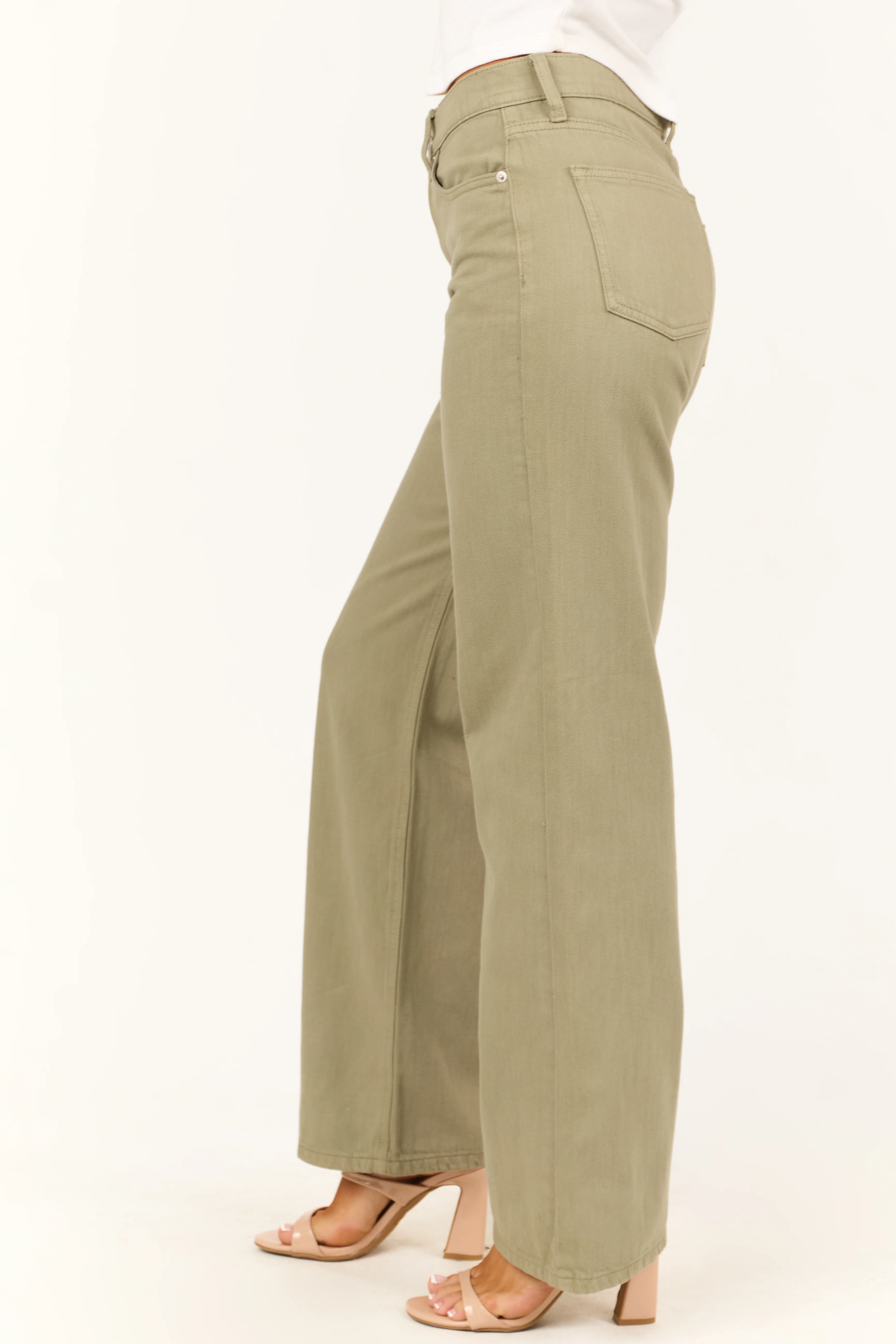 Sneak Peek Pale Olive High Rise Wide Leg Jeans - Image 3