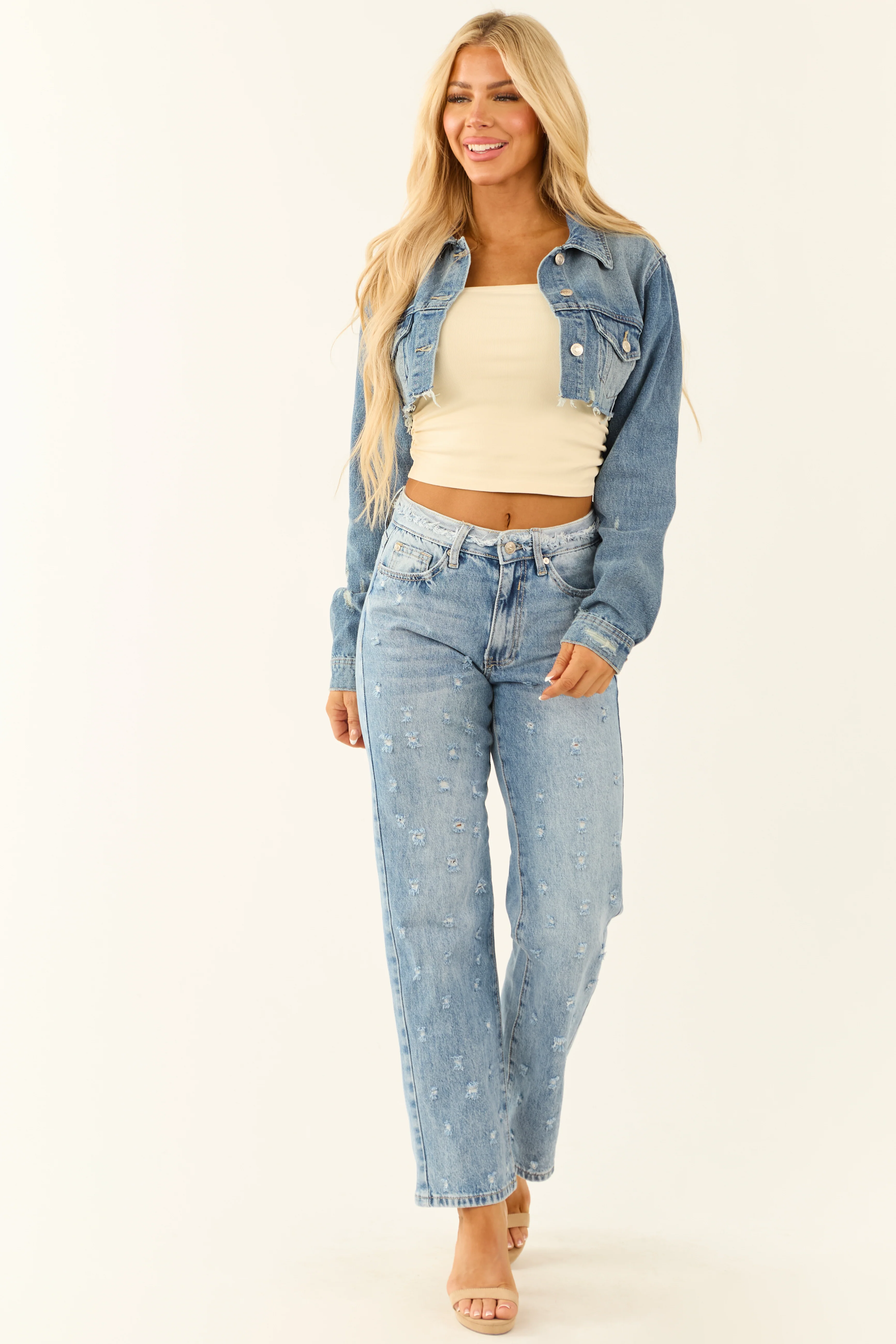 Special A Medium Wash Distressed Straight Leg Jeans - Image 7