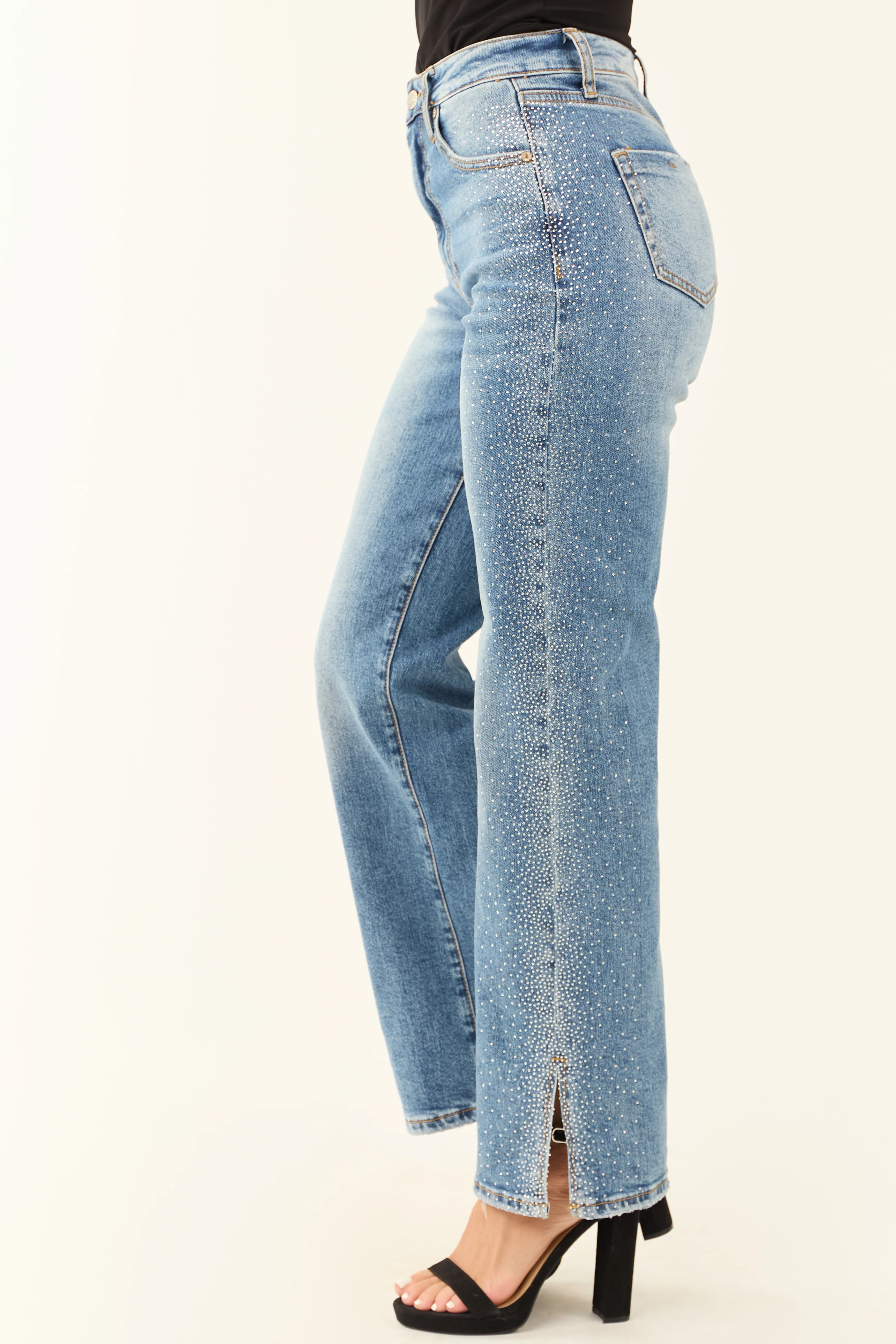 Special A Straight Leg Rhinestone Hem Slit Jeans